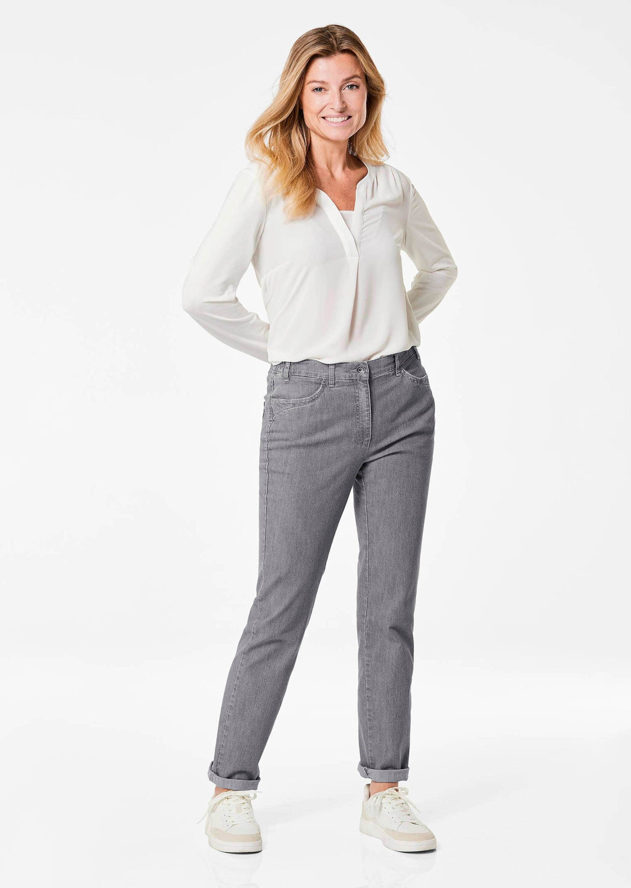 Stretch-Jeans GOLDNER "Kurzgröße Edel geschmückte Jeanshose ANNA", Damen, Gr. 24, K-Gr, grau, Obermaterial: 83% Baumwolle CO. 16% Polyester PES. 1% Elasthan EL., Jeans 3