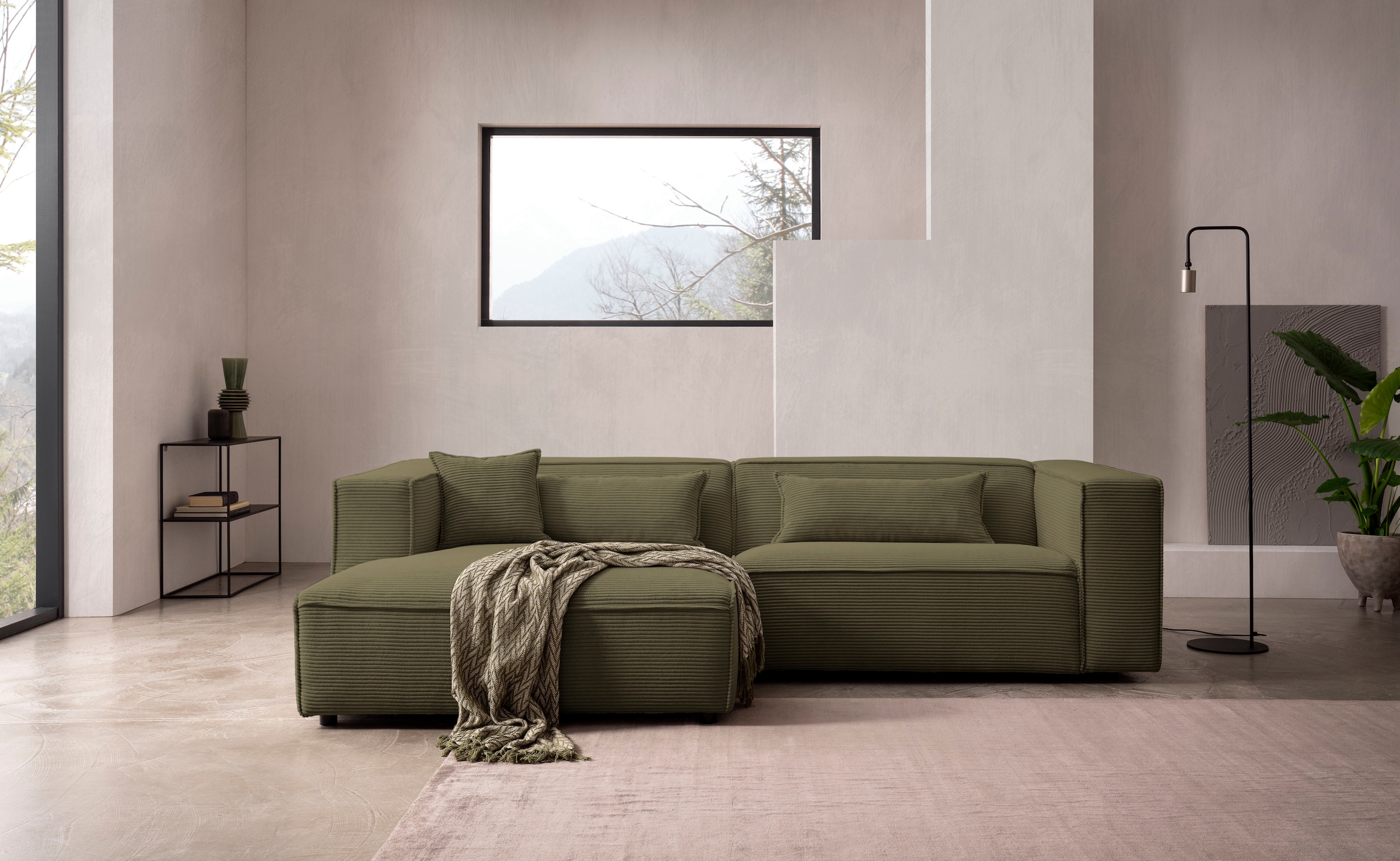 LeGer Home by Lena Gercke Ecksofa »PIARA mit Kedernaht in Cord oder Leinenoptik, moderne Couch in L-Form«, wahlweise Ottomane rechts/links, schwarze Füße, bequemer Sitzkomfort