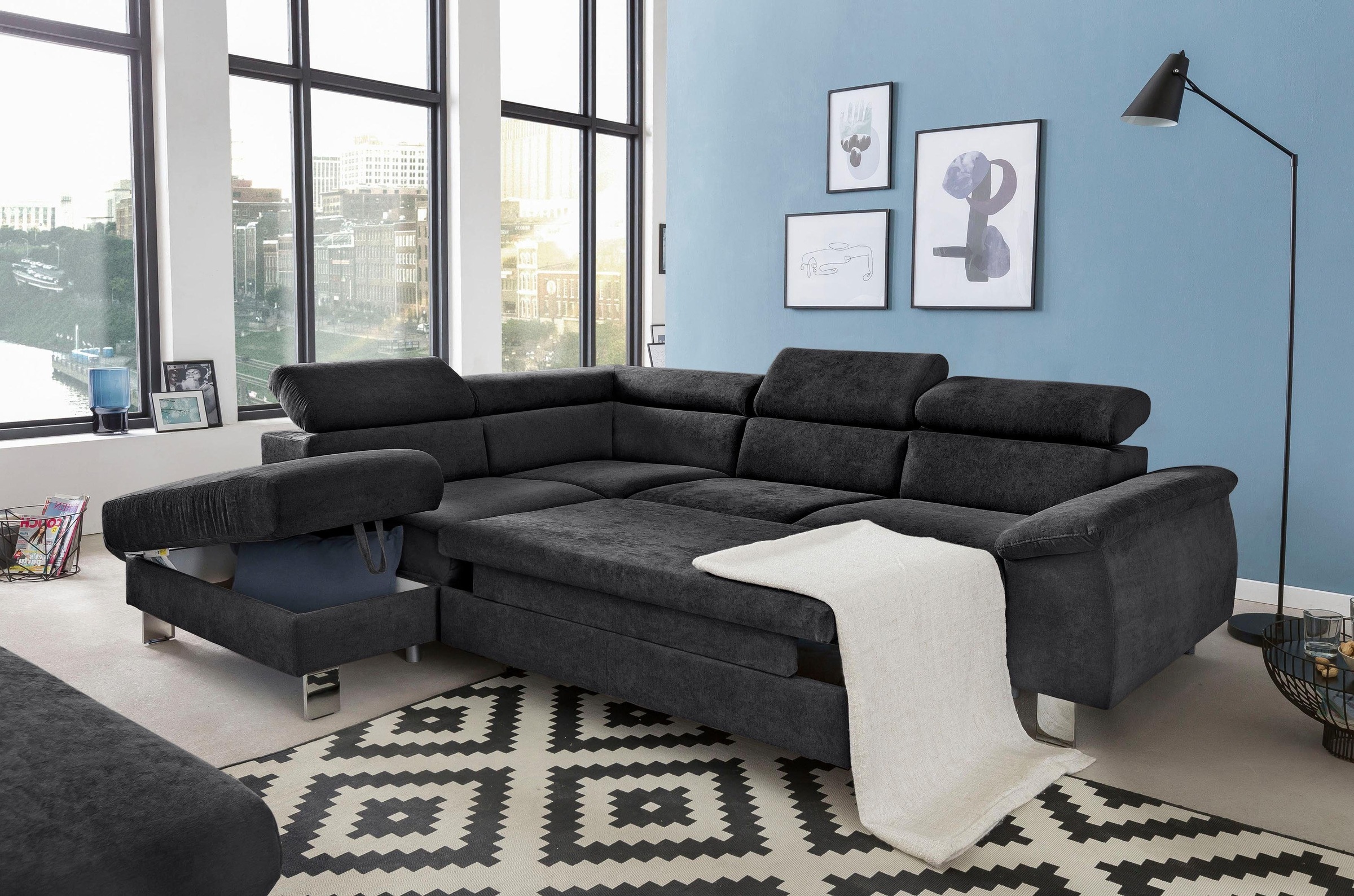 COTTA Ecksofa »Komaris L-Form mit Kopfteilverstellung«, wahlweise mit Bettfunktion, Bettkasten & Beleuchtung
