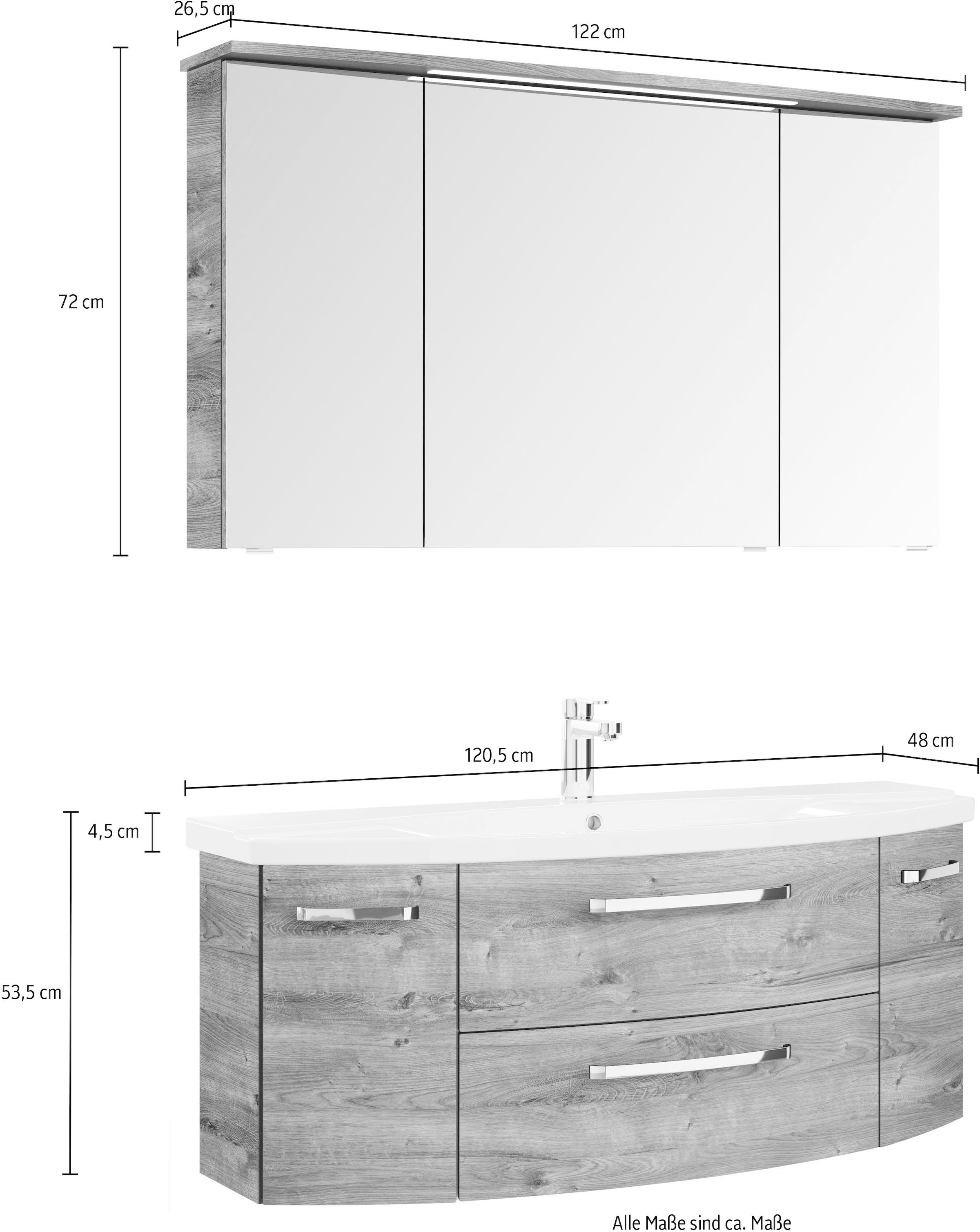 Saphir Badmöbel-Set »Serie 4010 2-teilig Keramik-Waschtisch mit LED-Spiegelschrank«, (Set), Badezimmer Set 122 cm breit, inkl. Türdämpfer, 5 Türen, 2 Schubladen