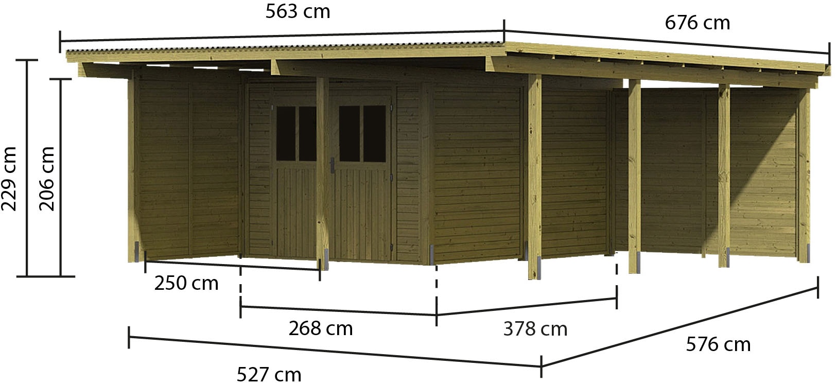 Karibu Doppelcarport »»ECO 2 SET« Variante B, AKTION kdi«, Masivholz, 509 cm, KDI, mit integriertem Abstellraum mittel, 1 Seitenwänden und 1 Rückwand