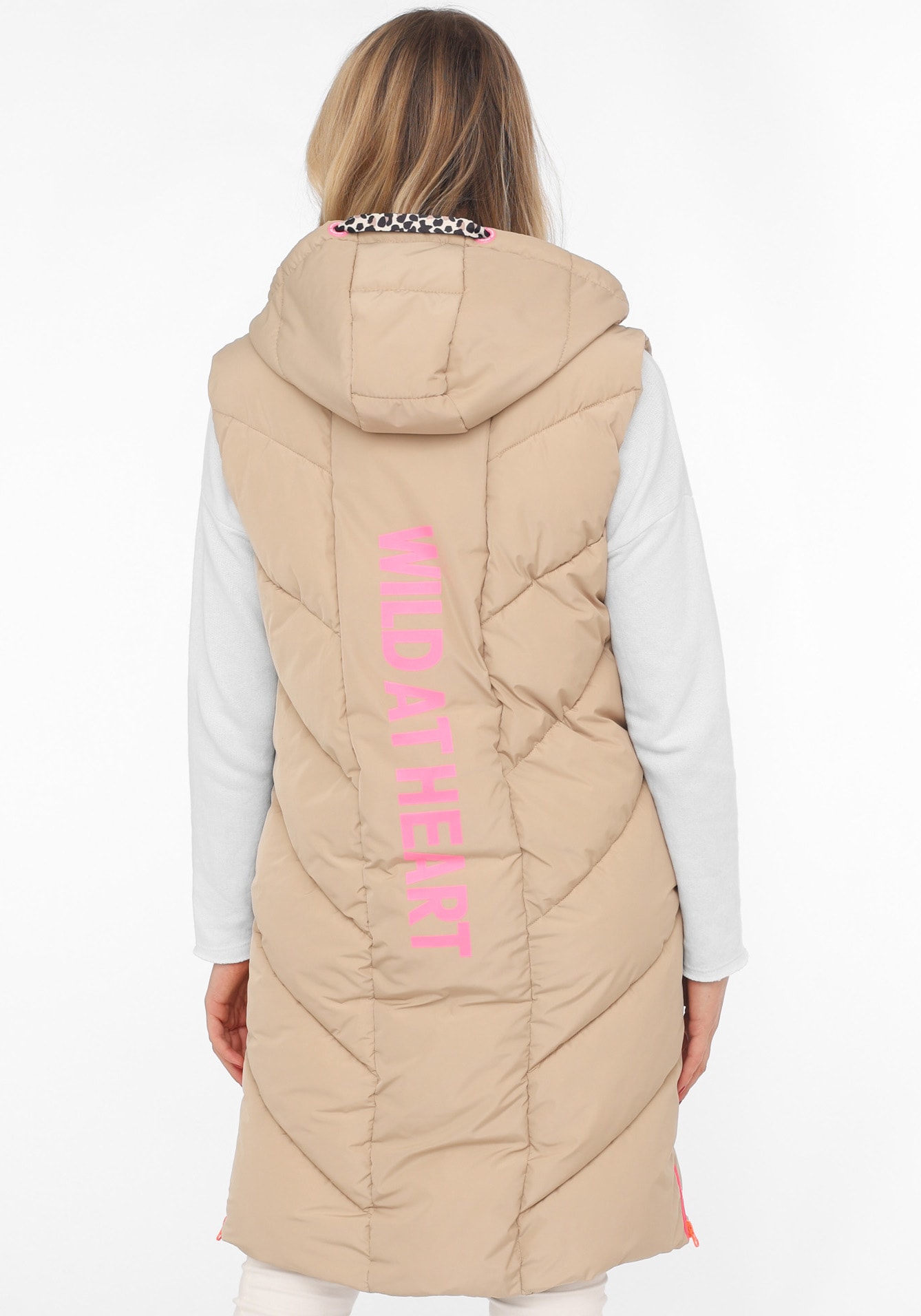 Zwillingsherz Steppweste »Steppweste lang "Wild at Heart"«, mit Leo Details, Print, Kapuze, Reißverschluss und Taschen