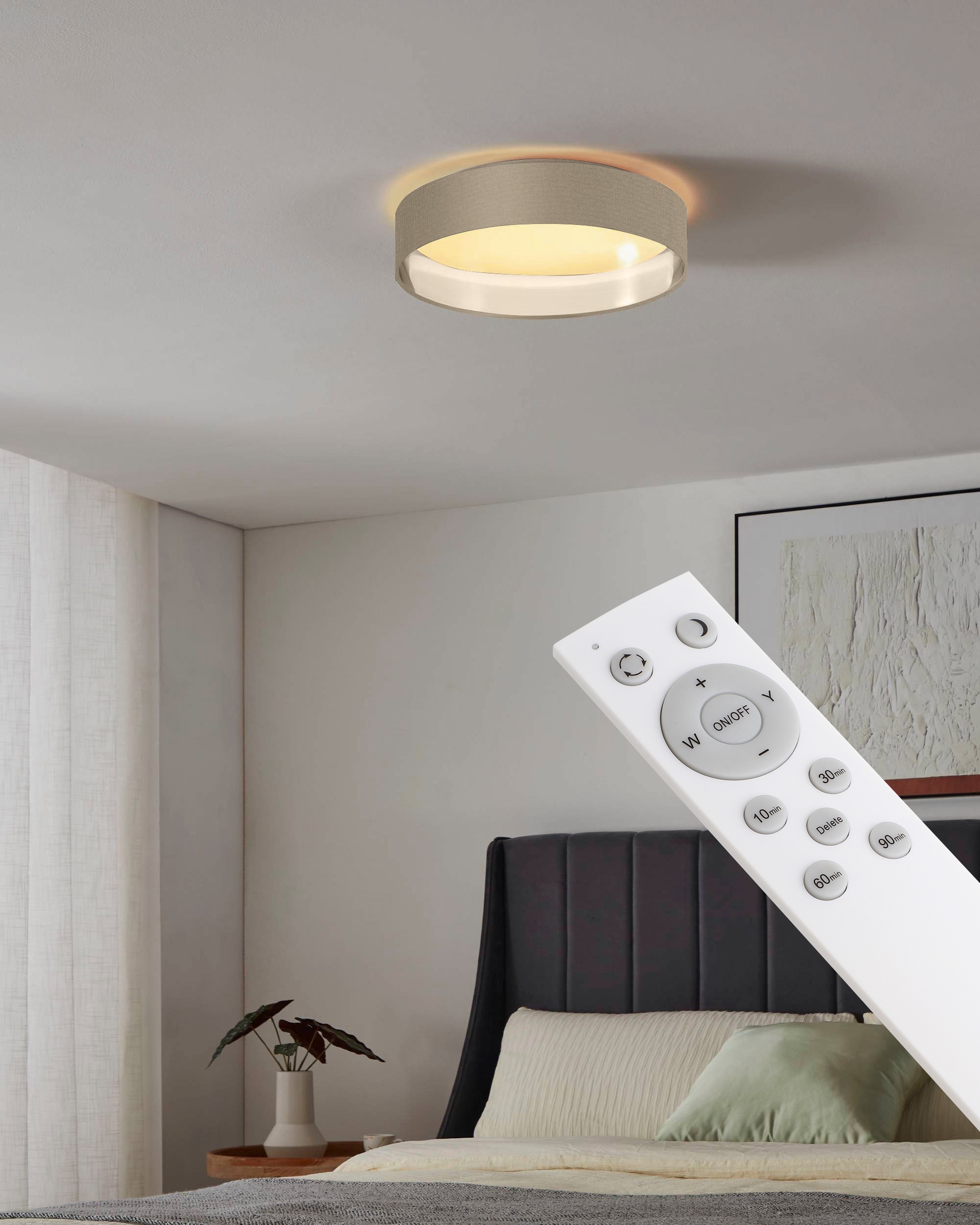 Leonique LED Deckenleuchte »Juria«, 1 flammig, Leuchtmittel LED-Modul | LED fest integriert, Deckenlampe Ø38 x H9 cm mit Textil-/Stoffschirm, CCT, Fernbedienung