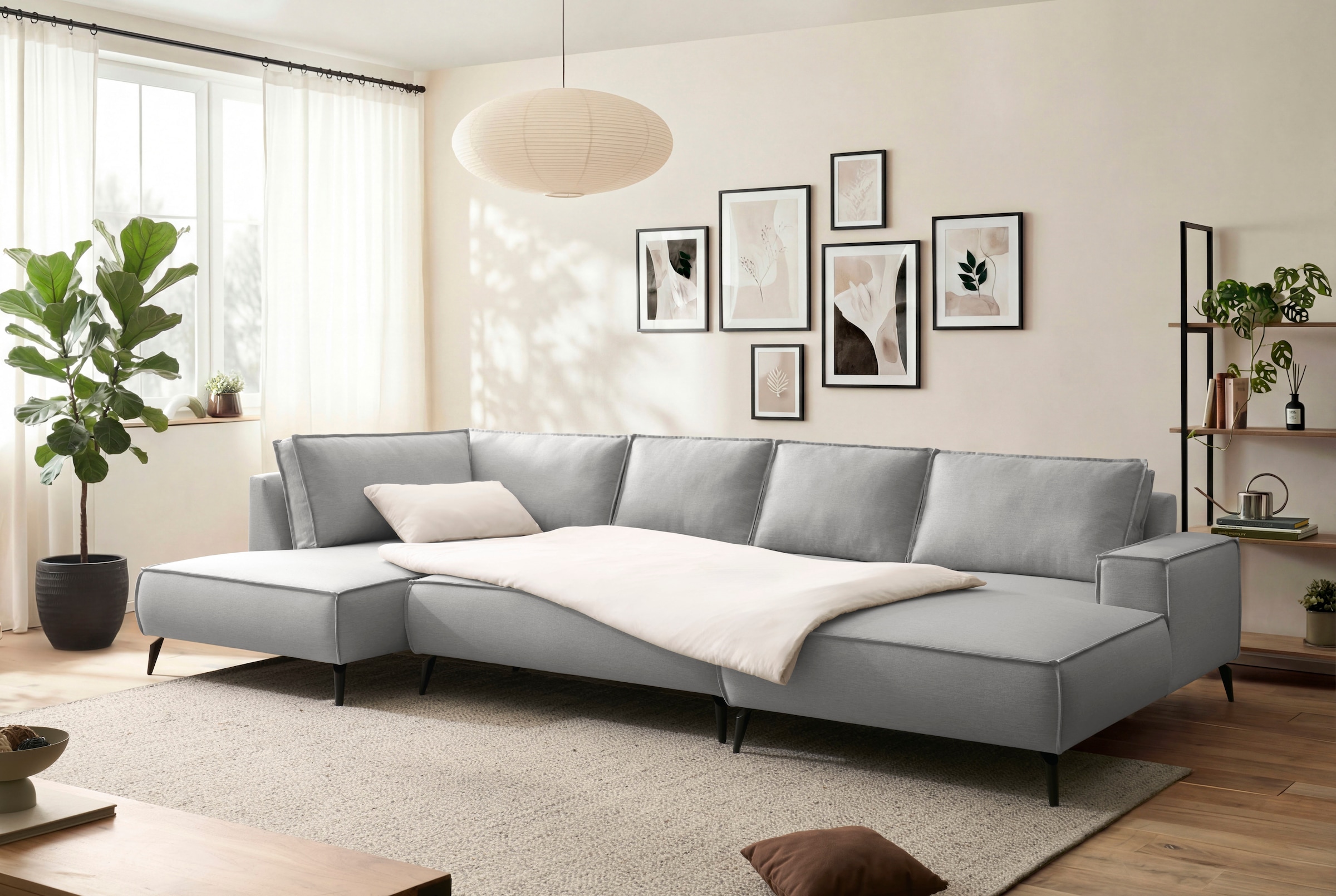 OTTO home Wohnlandschaft »TVINNU Leinenoptik, 354, mit Hocker« Recamiere rechts/links, stellbar zum Schlafsofa (Krokodilverbinder)