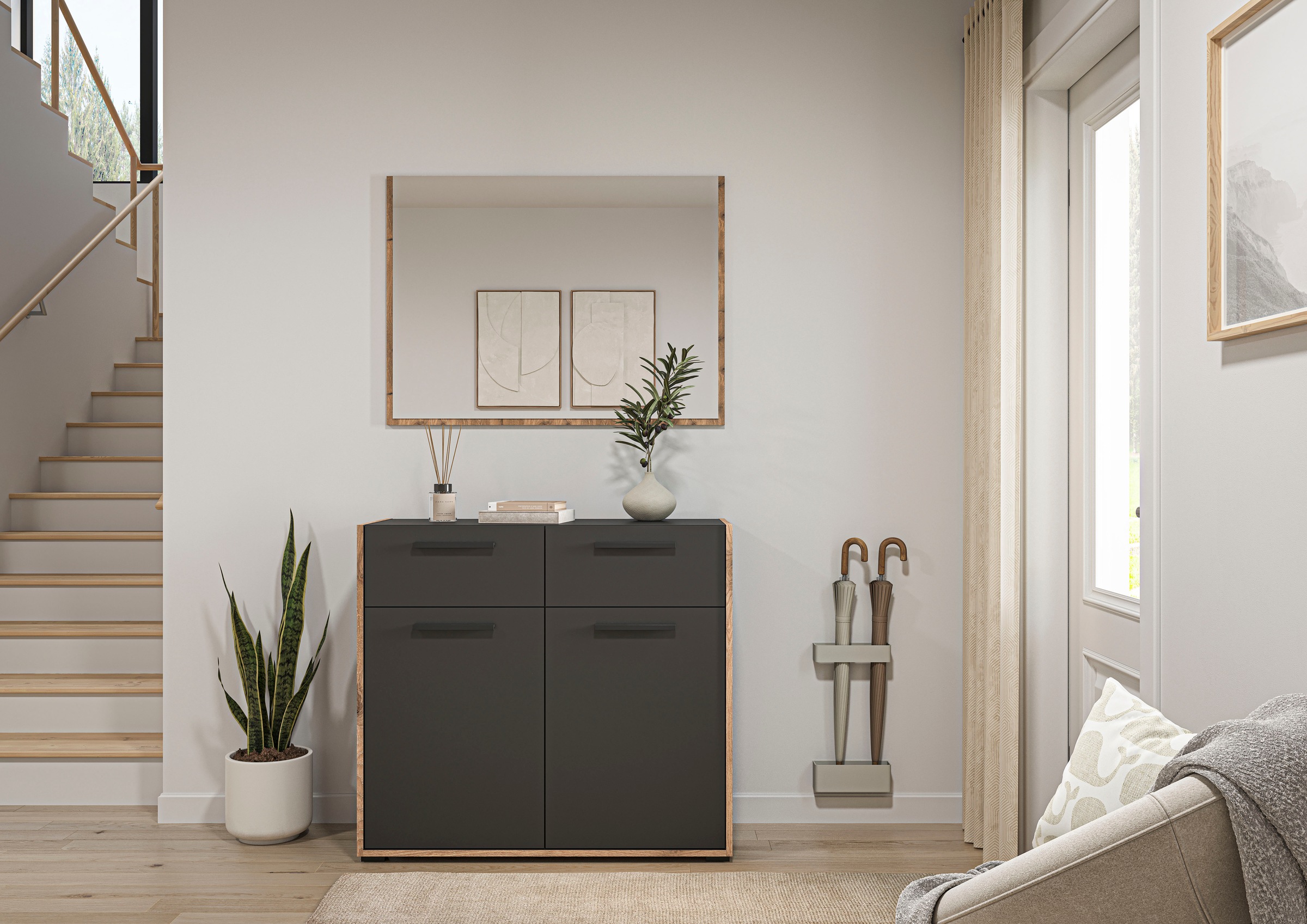 INOSIGN Garderoben-Set »MUSTA, 2-teilig, bestehend aus: Kommode & Garderobenspiegel«, Kombination, Kompaktgarderobe, Garderobenkombination, Garderobe