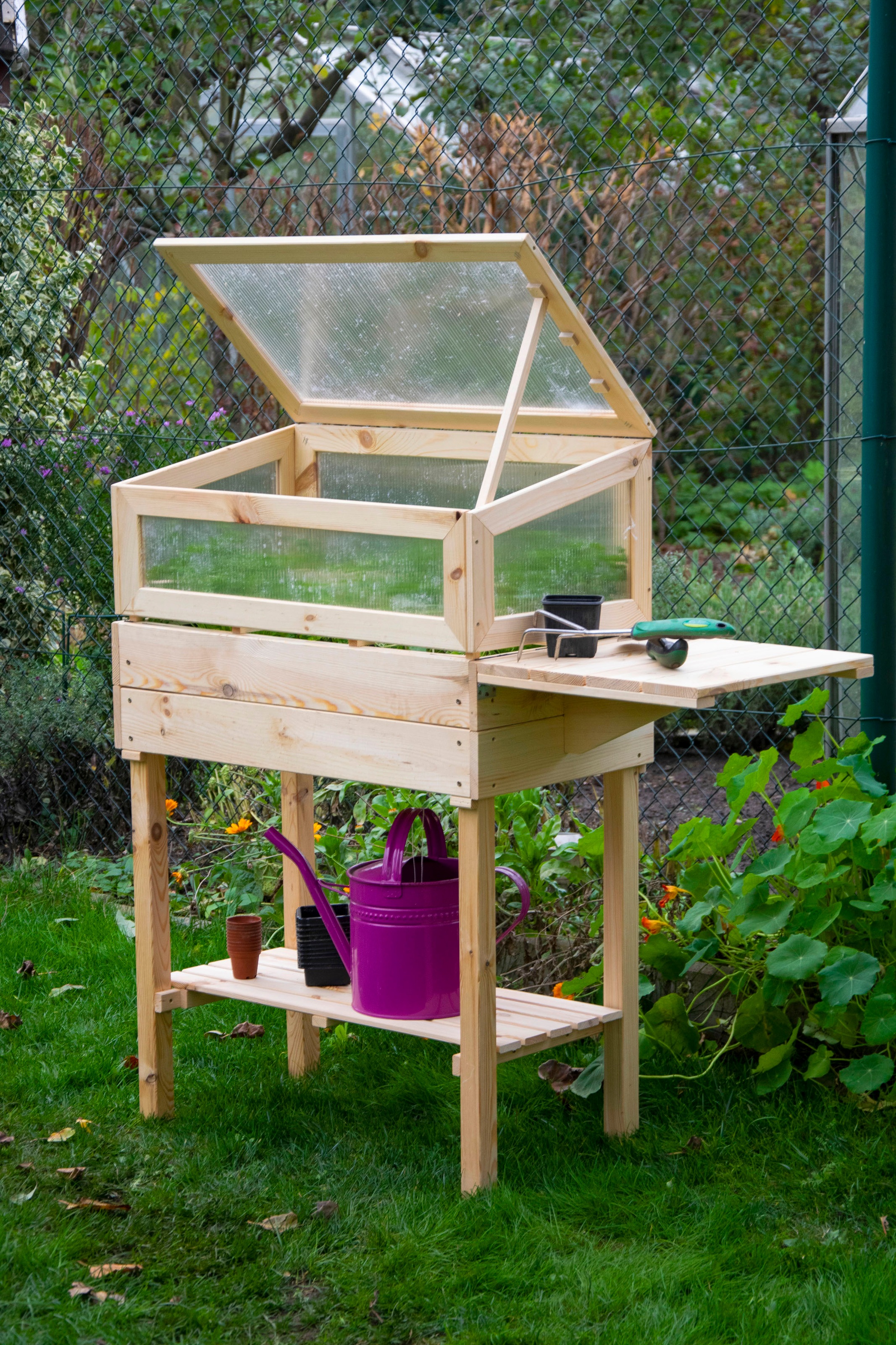 dobar Hochbeet erhöhtes Frühbeet mit Tisch & Haken, Gr. M, Kiefer