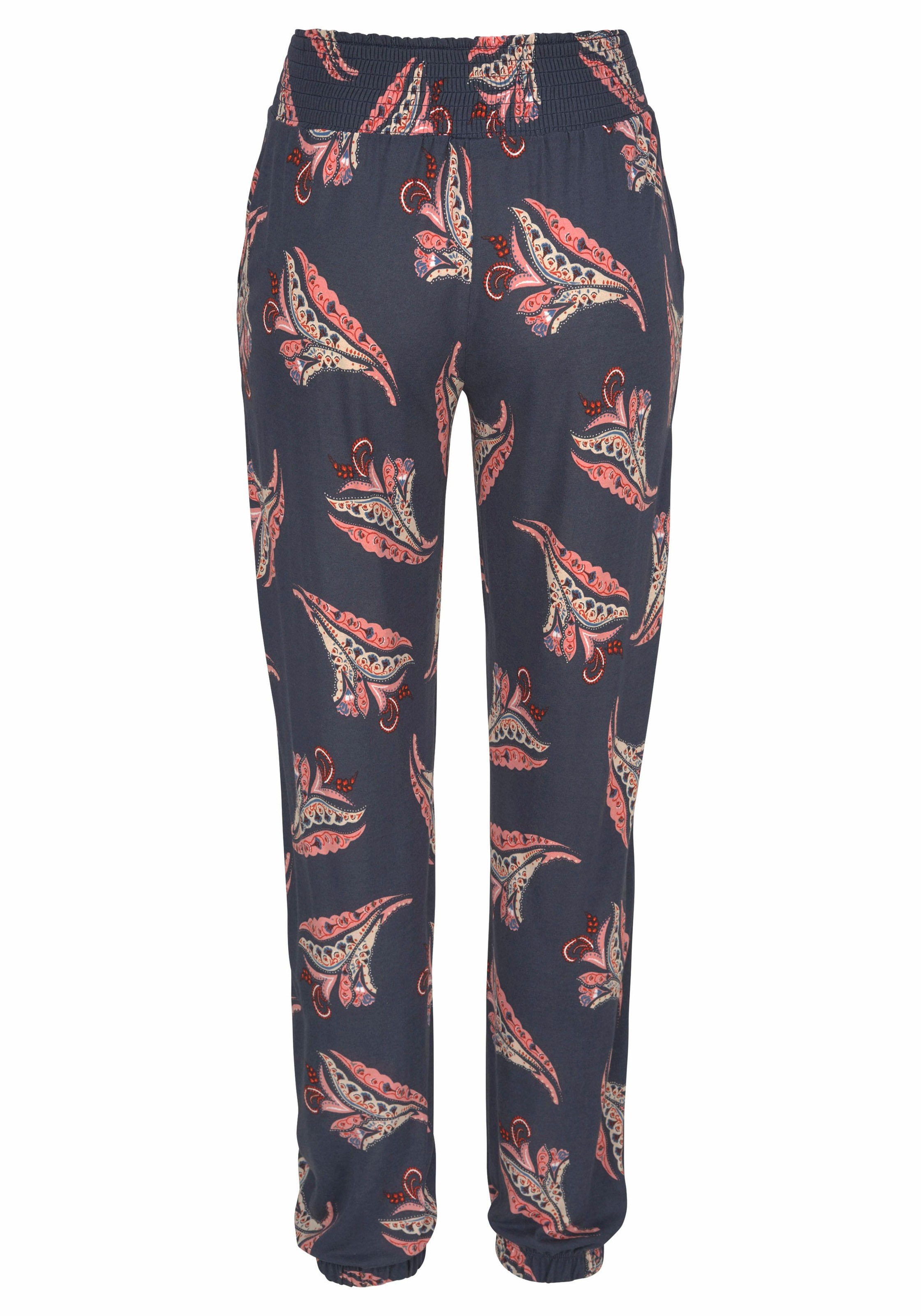 Strandhose LASCANA, Damen, Gr. 42, N-Gr, bunt (marine, rosé, bedruckt), Jersey, Obermaterial: 100% Viskose, bedruckt, figurumspielend lang, Hosen Strandhose, mit Blumendruck und Taschen, Jerseyhose, Sommerhose 3