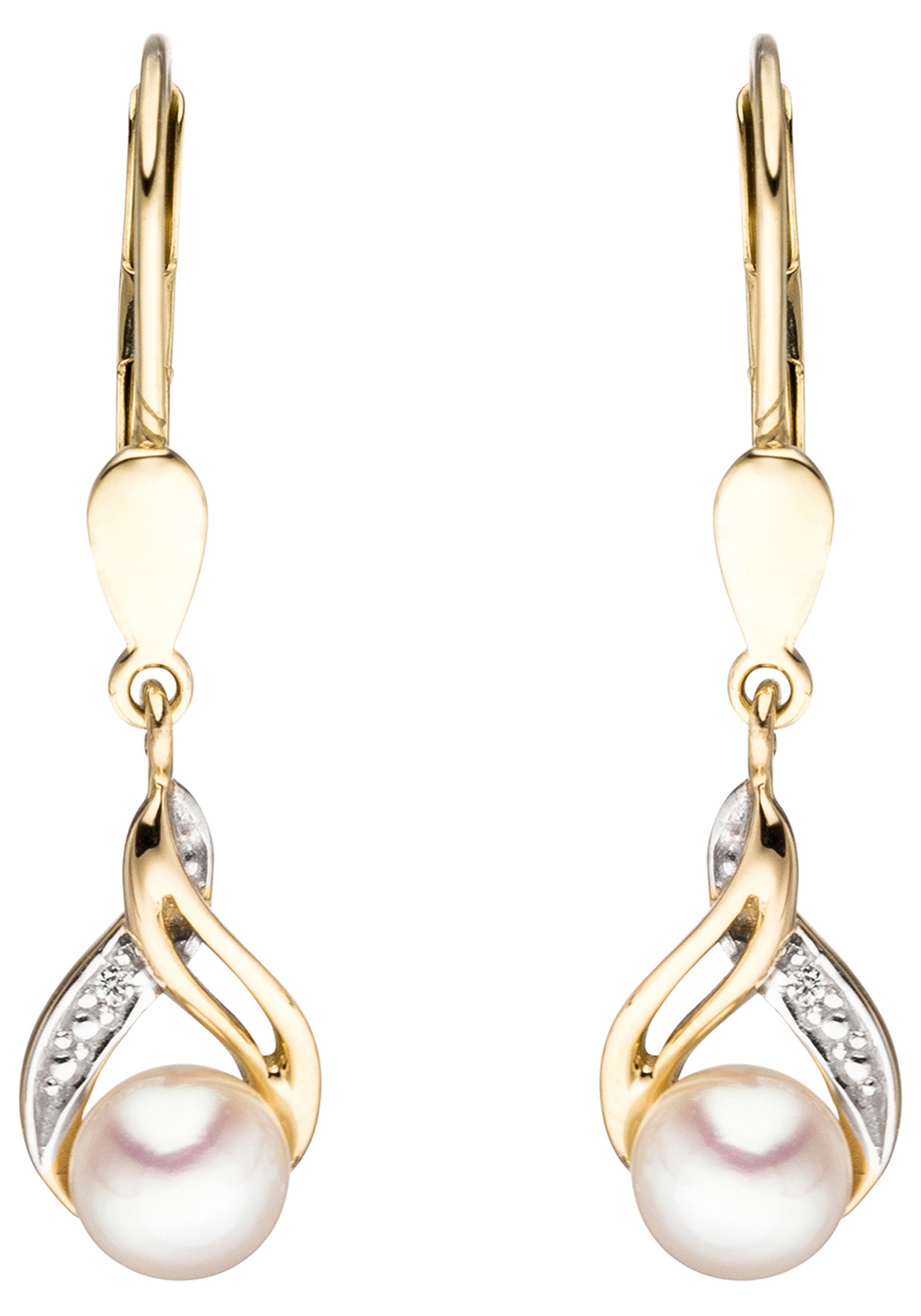 JOBO Perlenohrringe 585 Gold mit 2 Diamanten und Süßwasser-Zuchtperlen