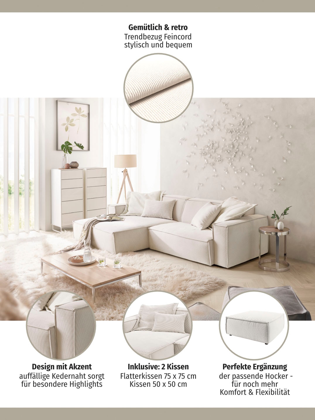 3C Candy Ecksofa »Matteo in elegant, kubischer Formensprache, bequem, L-Form«, mit auffälliger Kedernaht, Feincord-Bezug, Lounge-Charakter