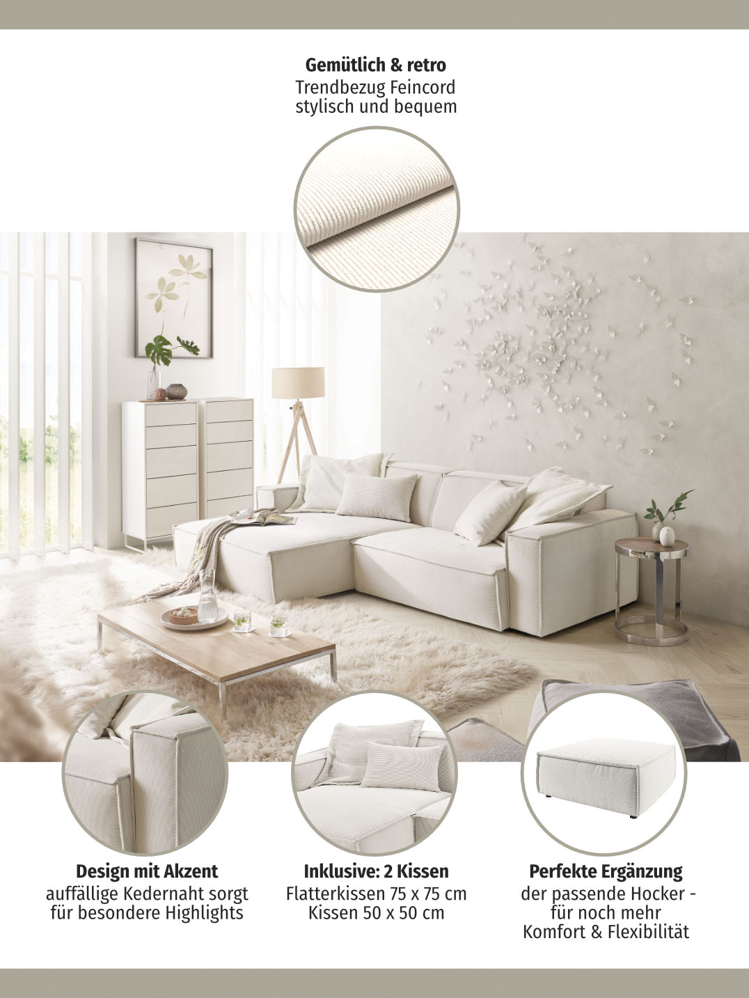 Thumbnail - 3C Candy Ecksofa "Matteo in elegant, kubischer Formensprache, bequem, L-Form", mit auffälliger Kedernaht, Feincord-Bezug...