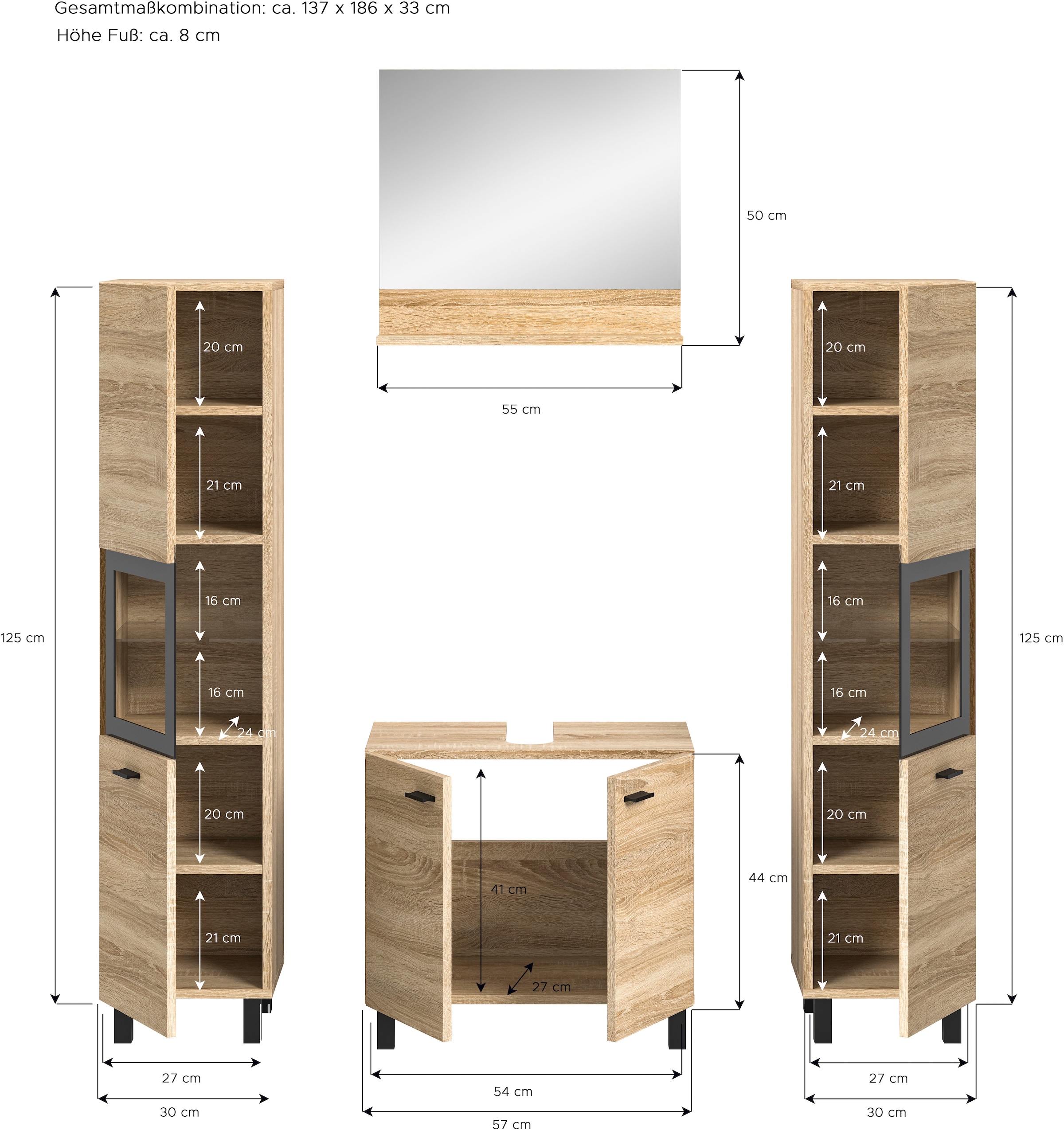 welltime Badmöbel-Set »Tampa, Breite 137cm, 4-teilig«, (4 St.), Waschbeckenunterschrank, Spiegel, Hochschrank