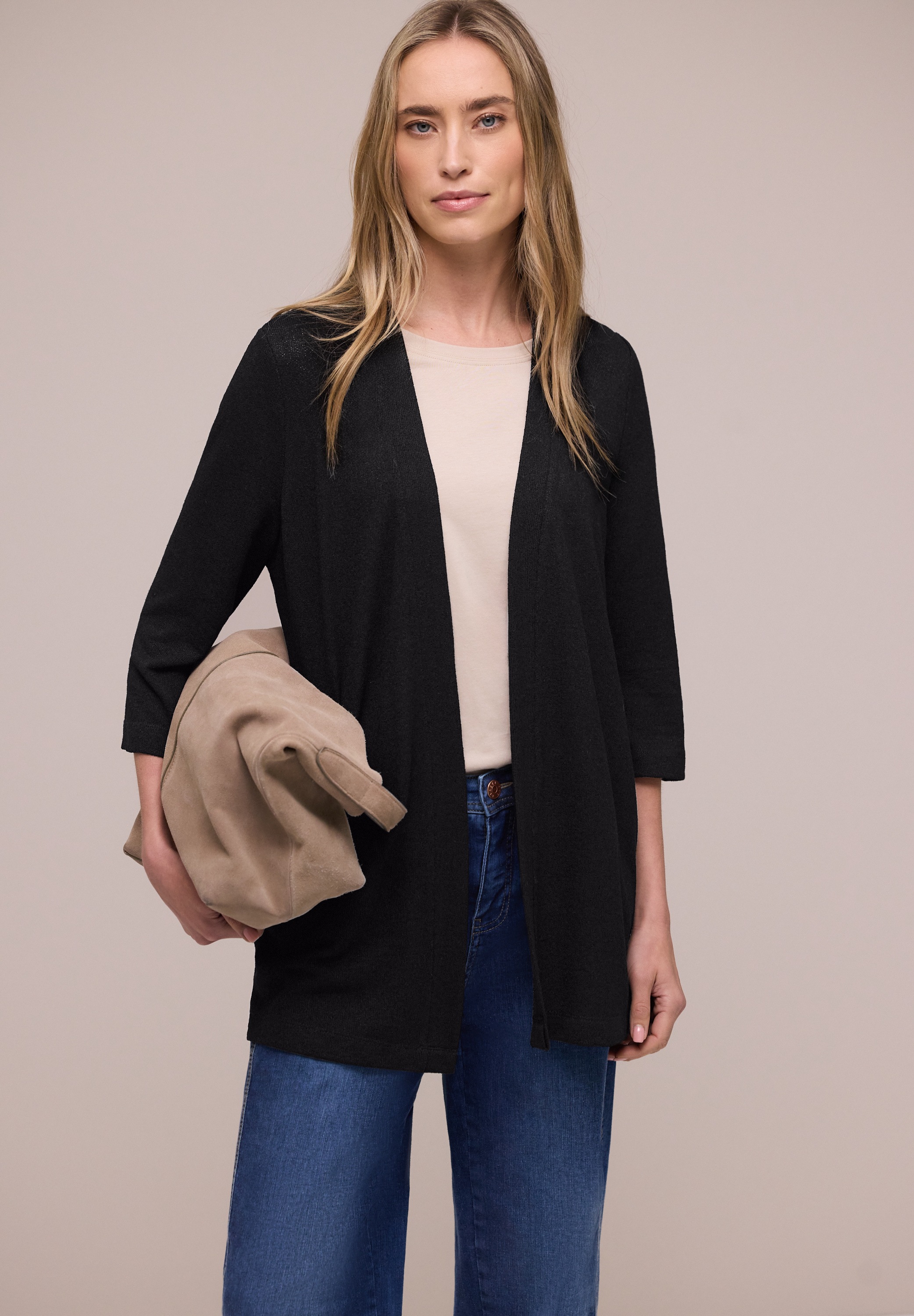 Cardigan STREET ONE, Damen, Gr. 36, schwarz, Stoff, 60% Viskose, 40% Polyester, unifarben, normal normal, ohne Ausschnitt, Bündchen, Strickjacken, mit Materialmix