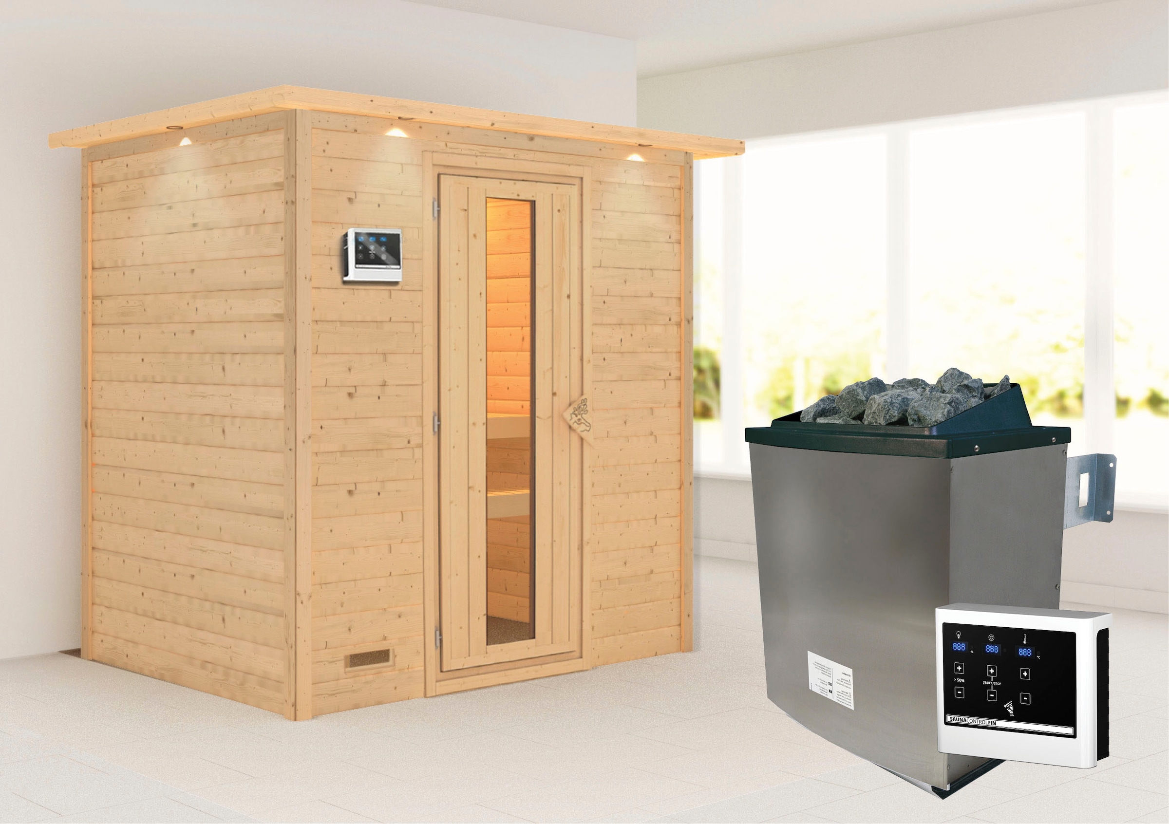 Karibu Sauna ""Sonja" mit Energiespartür und Kranz Ofen 9 KW externe Strg modern"