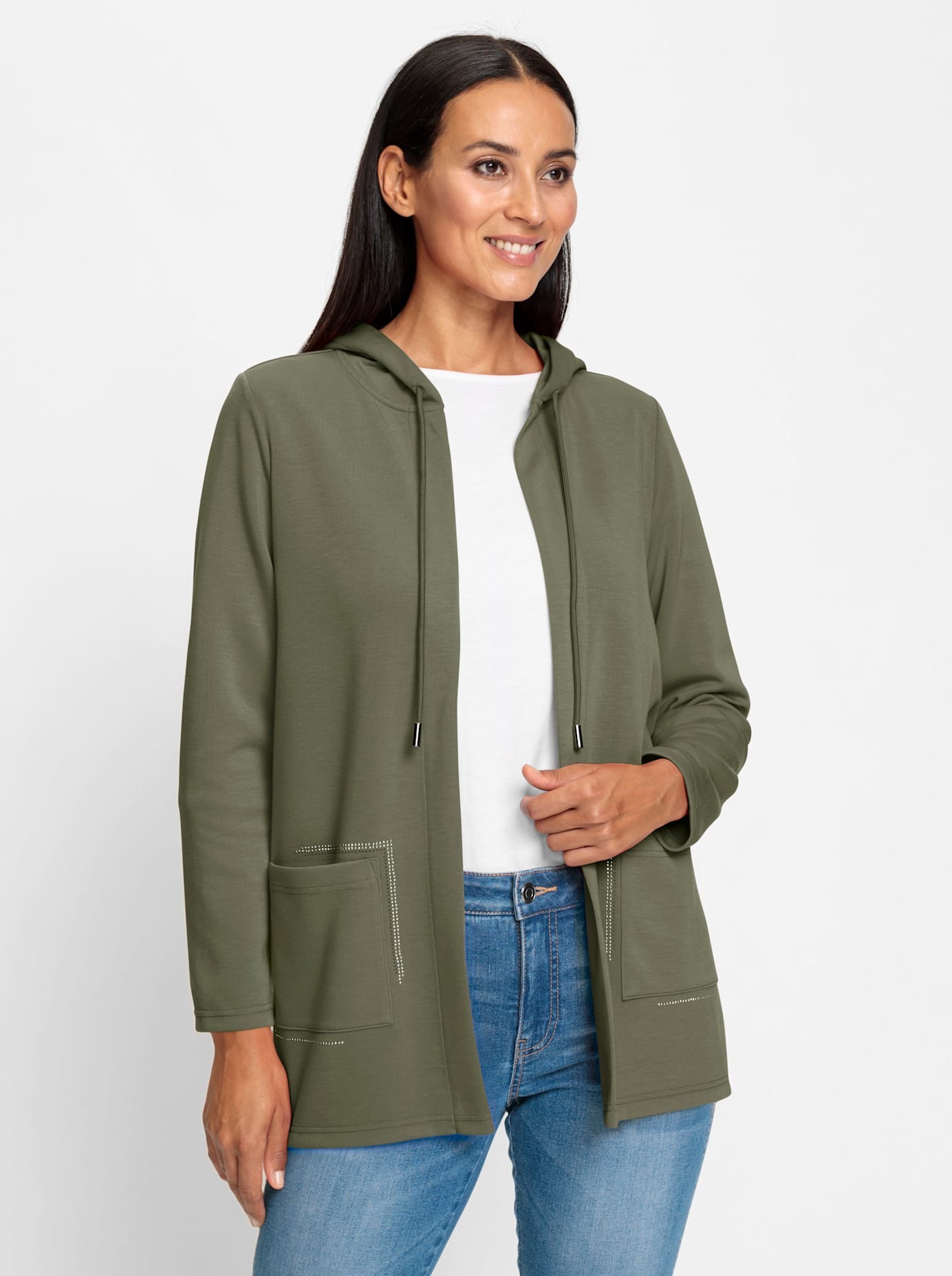 Shirtjacke HEINE "Shirtjacke", Damen, Gr. 38, grün (khaki), 50% Modal, 44% Polyester, 6% Elasthan, unifarben, V-Ausschnitt, Shirts Shirtjacke
