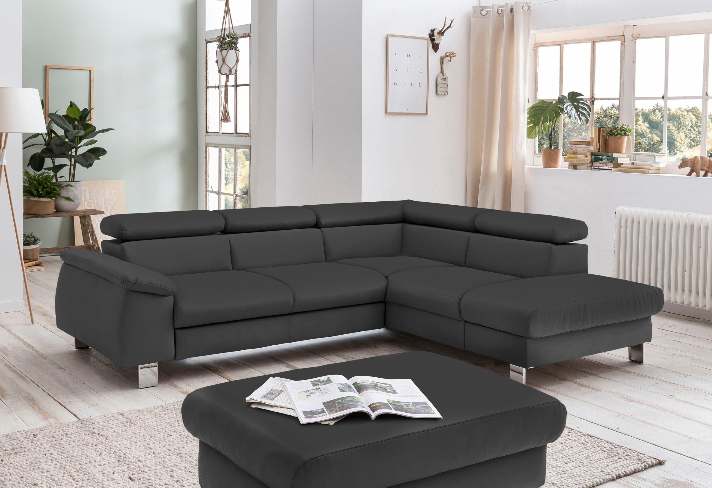 Ecksofa COTTA, B:249cm H:72cm, schwarz, Microfaser PRIMABELLE (100% Polyester);Kunstleder SOFTLUX;Feinstruktur (100% Polyester);Kunstleder