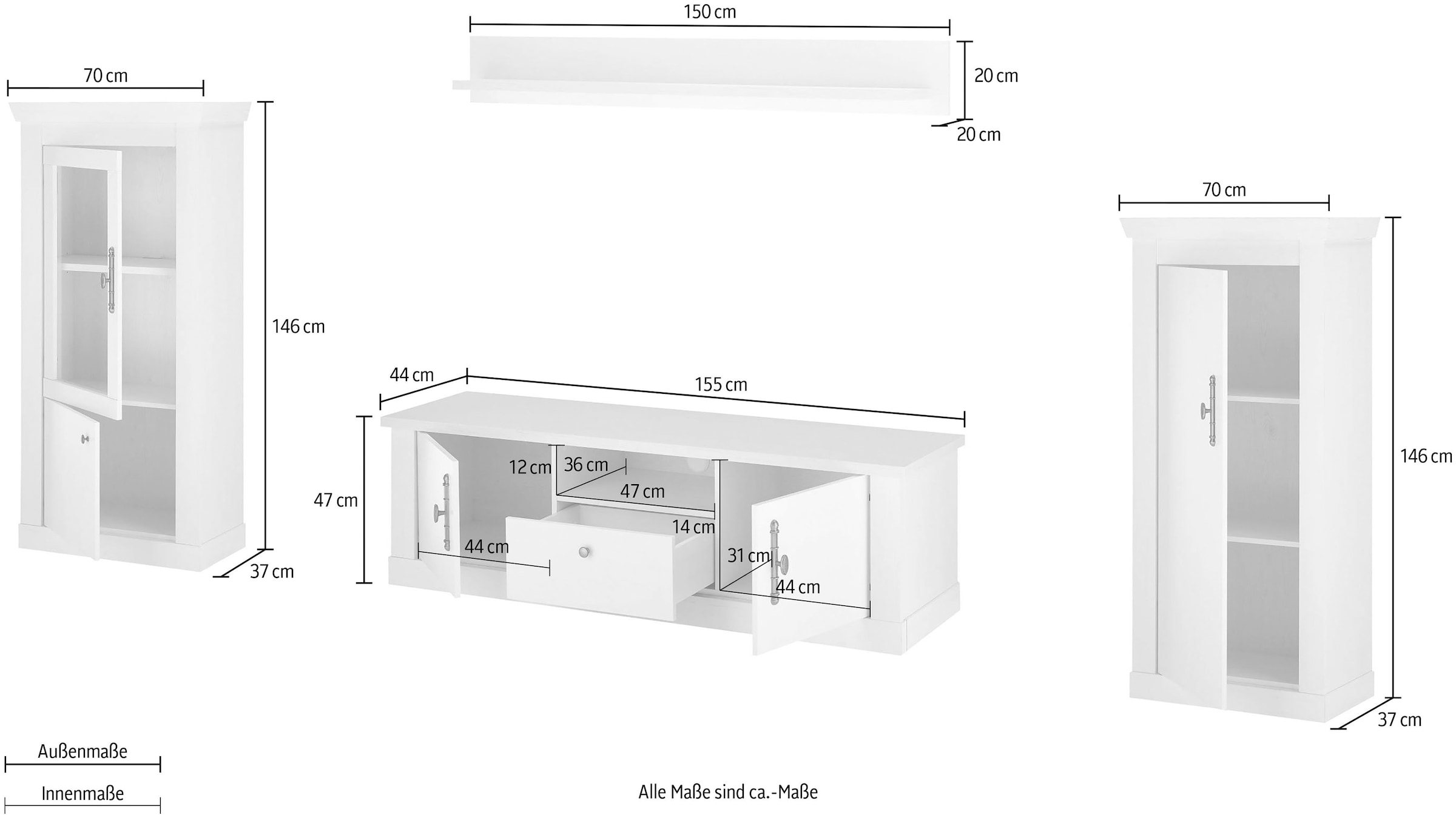 Home affaire Wohnwand »RAVENNA«, (4 St.), im romantischen Landhausstil, Griffe aus Metall, Softclose-Funktion