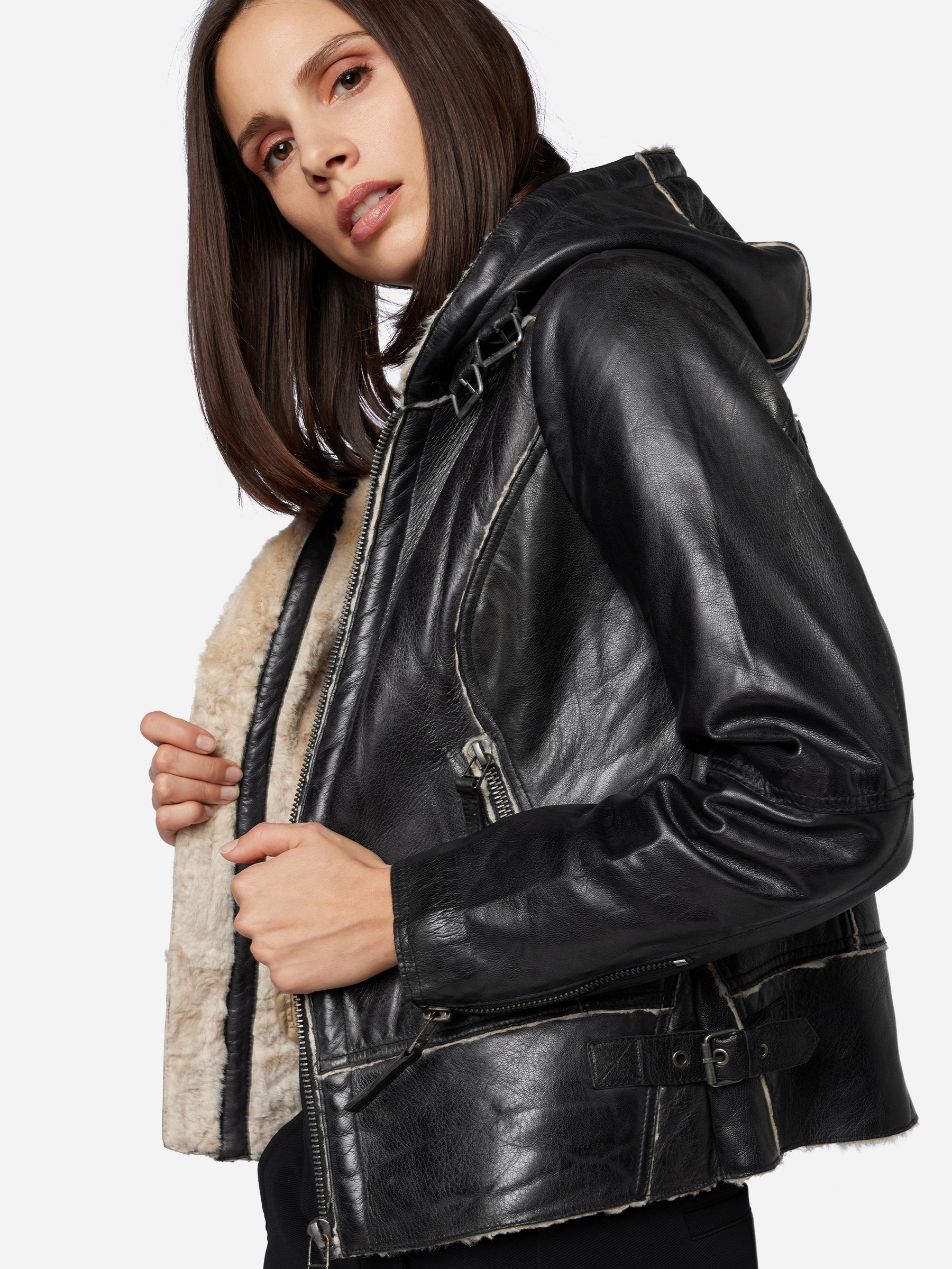 RICANO Bikerjacke »Lederjacke Julie« mitKapuze Handgefertigt aus echtem Leder