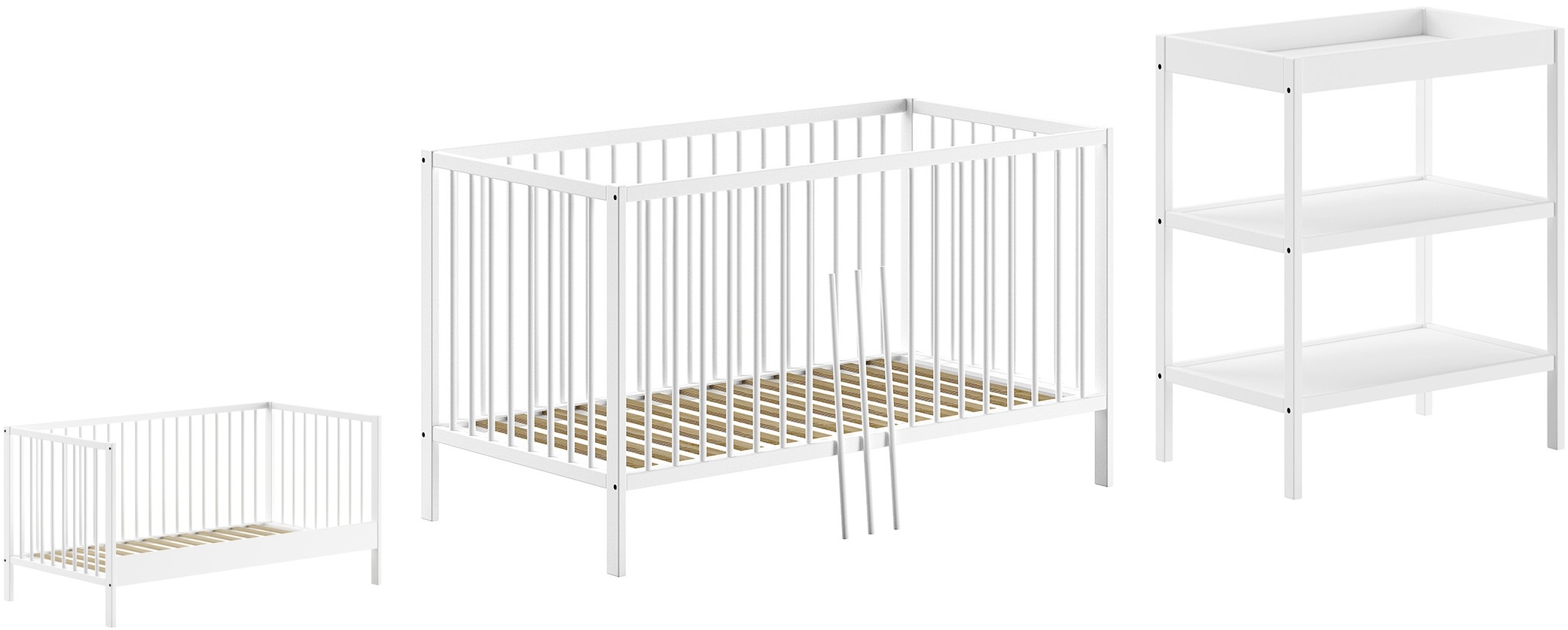 Babymöbel-Set VIPACK, weiß, Schlafzimmermöbel-Sets, "Dino ist das ideale Start Set für Ihr Kind aus massiver Buche", Baby-/Juniorbett u. Wickelregal