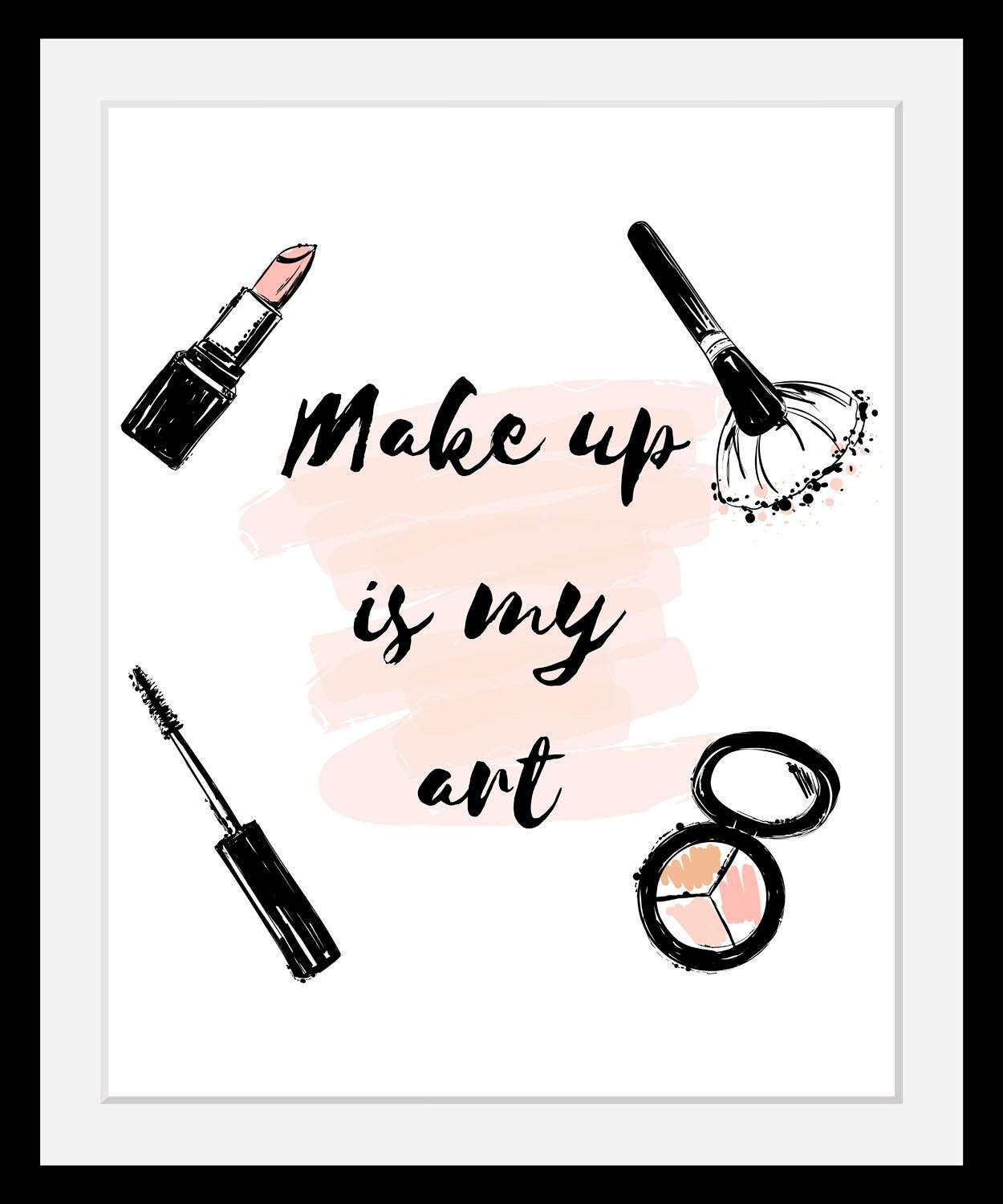 queence Bild »Make up«, Schwarz-Weiß-Schriftzug-Motivationsbilder-Fashion-Frau, HD Premium Poster-Druck inkl. Holzrahmen