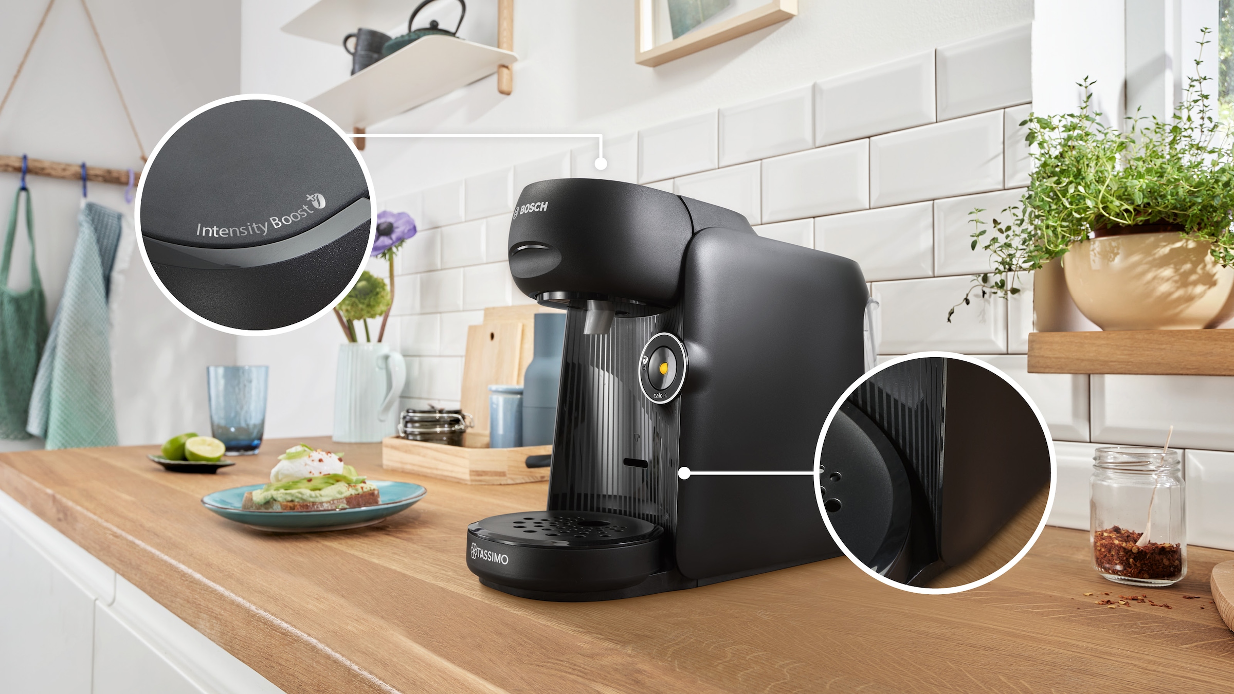 TASSIMO Kapselmaschine »finesse friendly TAS162E, intensiverer Kaffee auf Kopfdruck«, aus Recyclingmaterial, mehr Intensität per Knopfdruck, schwarz