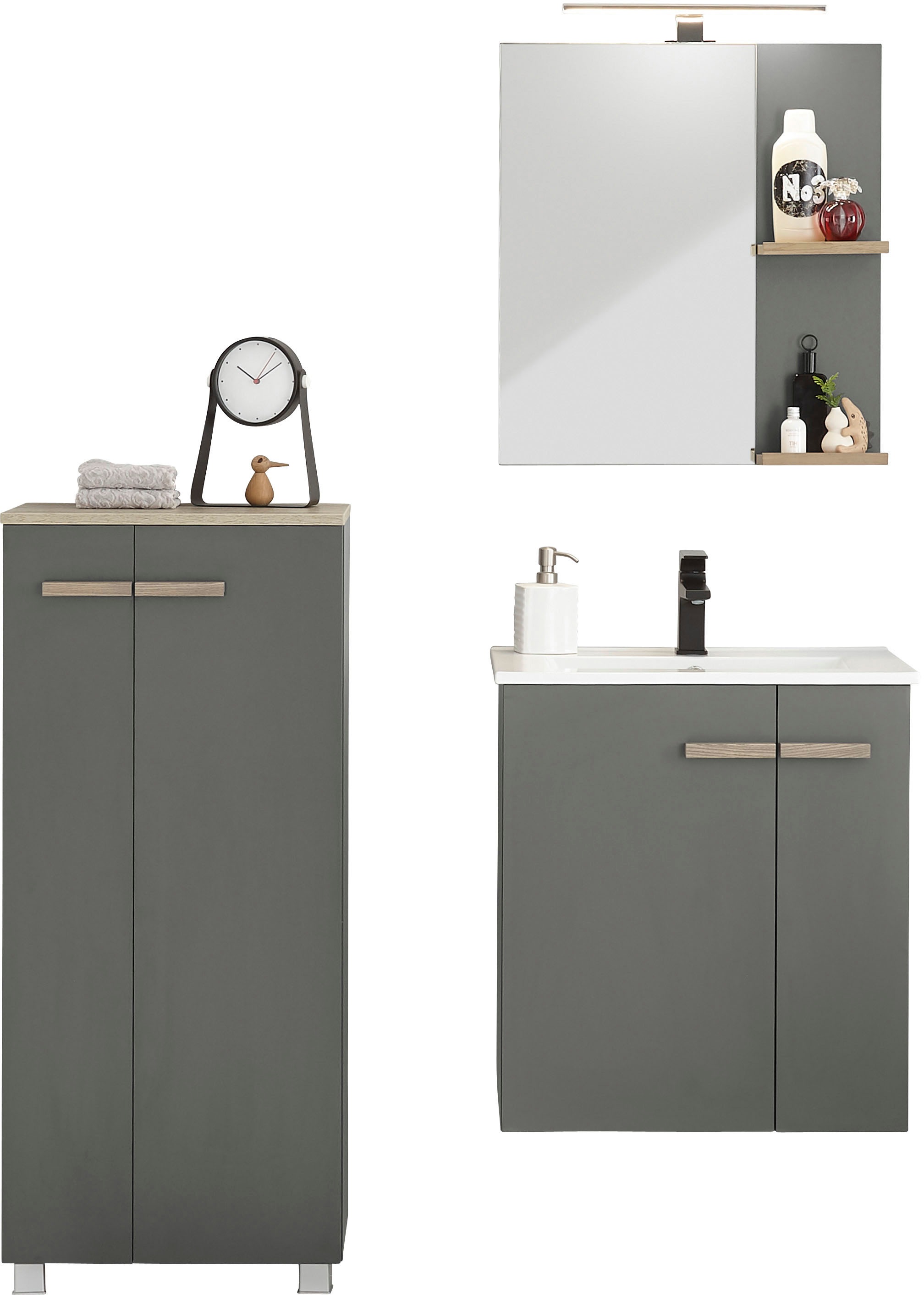Places of Style Badmöbel-Set »SOLiD, Badmöbel-Set, Bad im modernen Design, 3-teiliges Badezimmer«, (3 St.), Waschtisch mit Waschbecken, Midischrank, Breite 130 cm