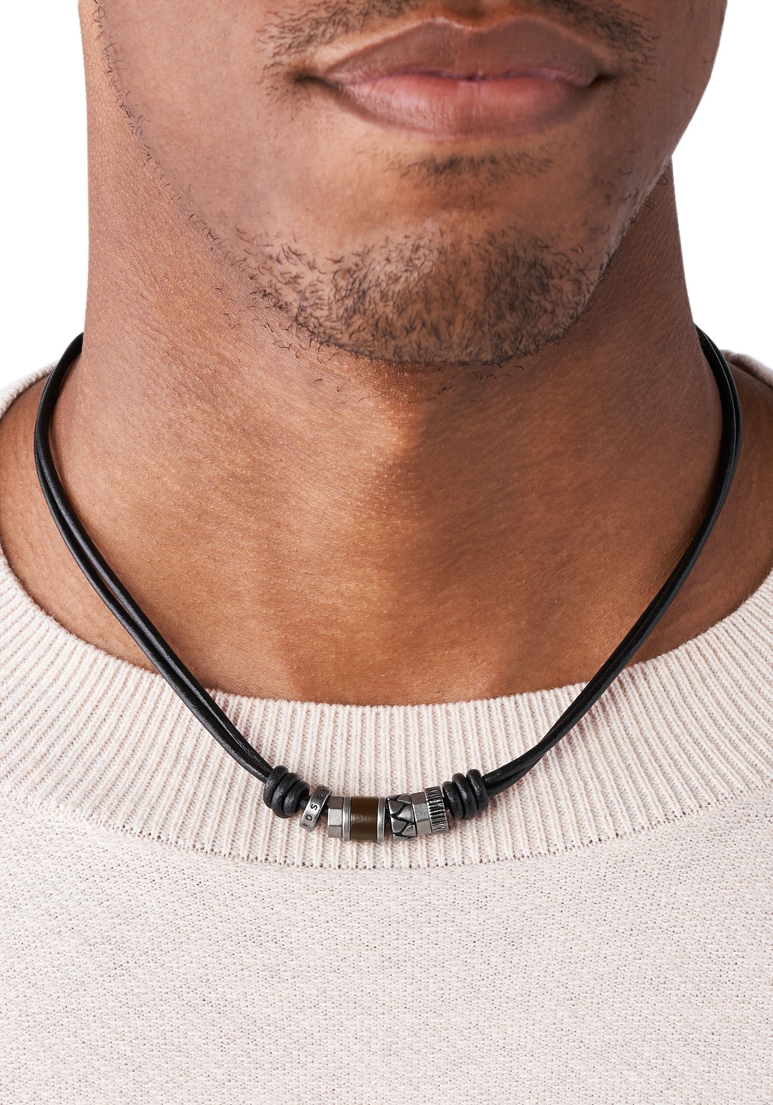 Kette mit Anhänger FOSSIL "Schmuck Geschenk Edelstahl Leder Halsschmuck", bunt (silberfarben, schwarz, braun), Halsketten, Herren, Edelstahl Holz Leder, L: 50, Edelstahl, Holz, Leder 4