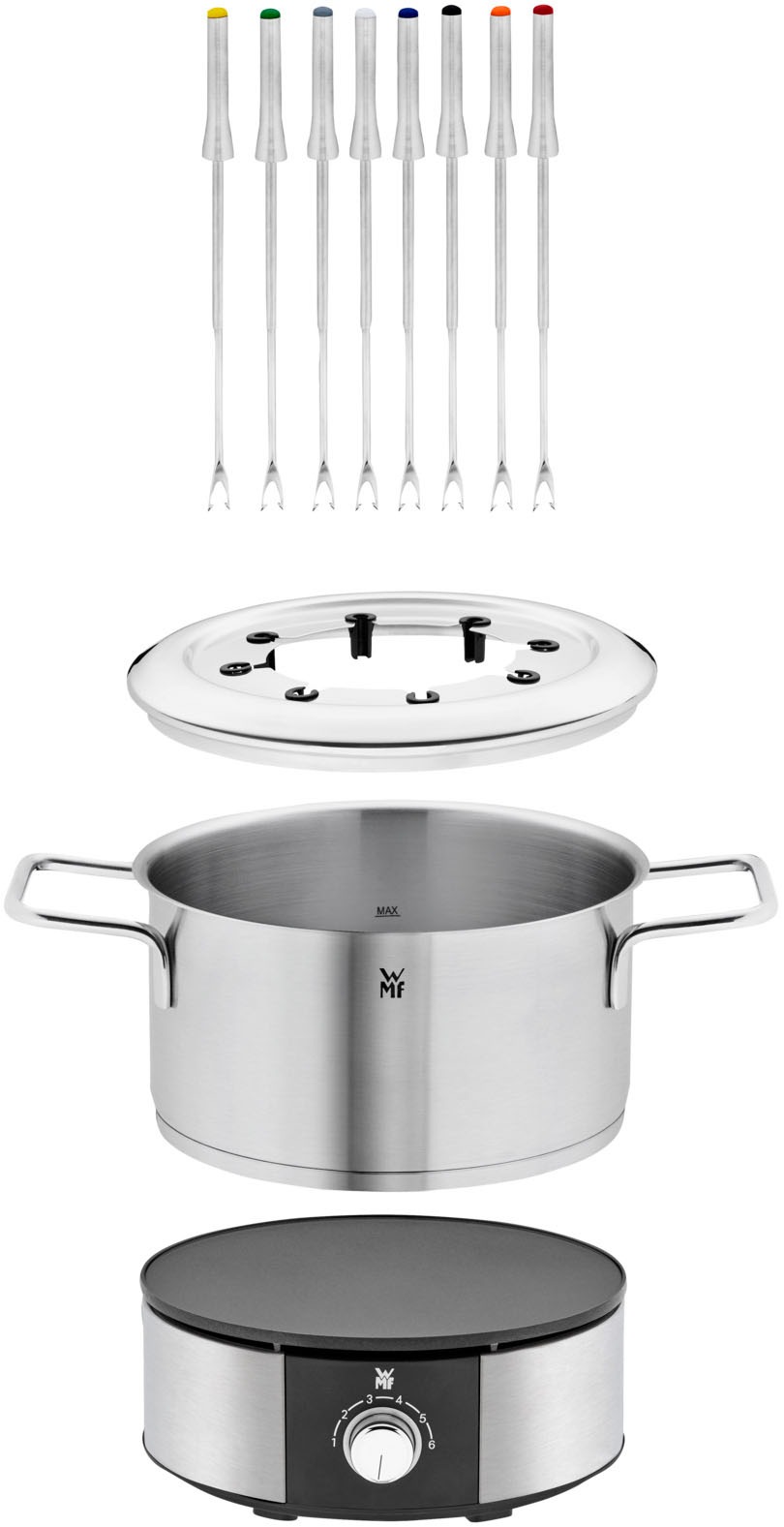 WMF Elektro-Fondue »LONO, mit Spritzschutzring, farblich markierte Fondue-Gabeln«, spülmaschinengeeignete Teile, LED-Ring, auch zum Warmhalten verwendbar