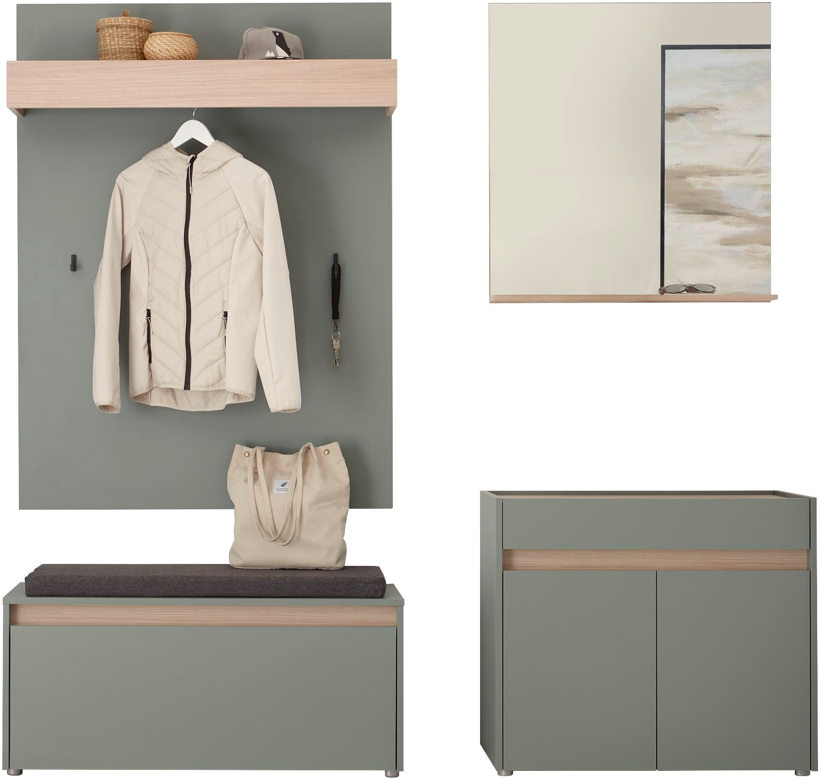 INOSIGN Garderoben-Set »GIRON/CiTY, moderne Garderobe, Komplettset mit viel Stauraum«, (Komplett-Set, 4 St.), enthält Kommode, Spiegel, Paneel & Schuhbank +Sitzkissen, 190 cm breit