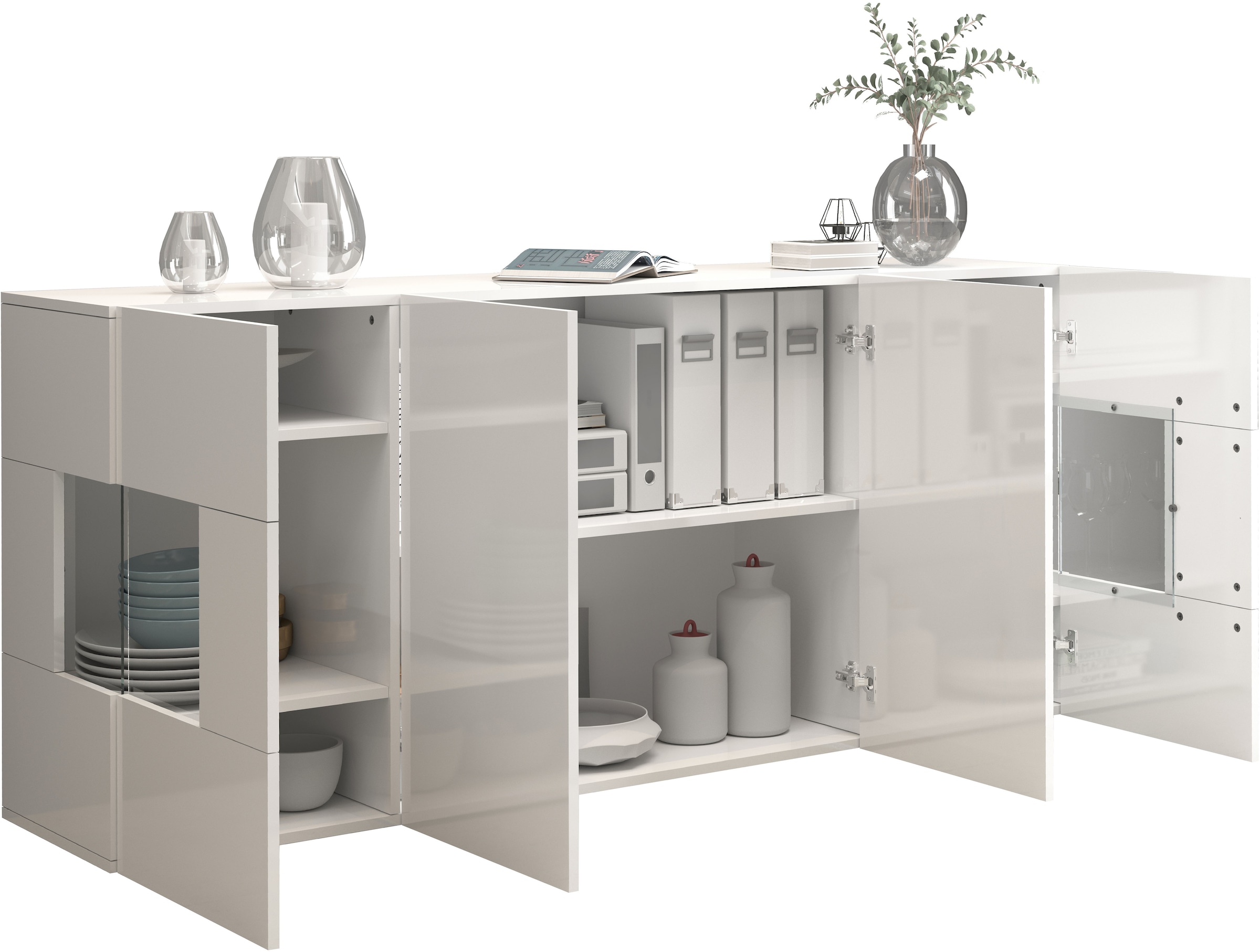 INOSIGN Sideboard »Egypt, Kommode, Schrank, Kredenz, Vitrine grifflos«, 4 Türen davon 2 mit Glaseinsatz, kompl. Hochglanz lackiert, Breite 180