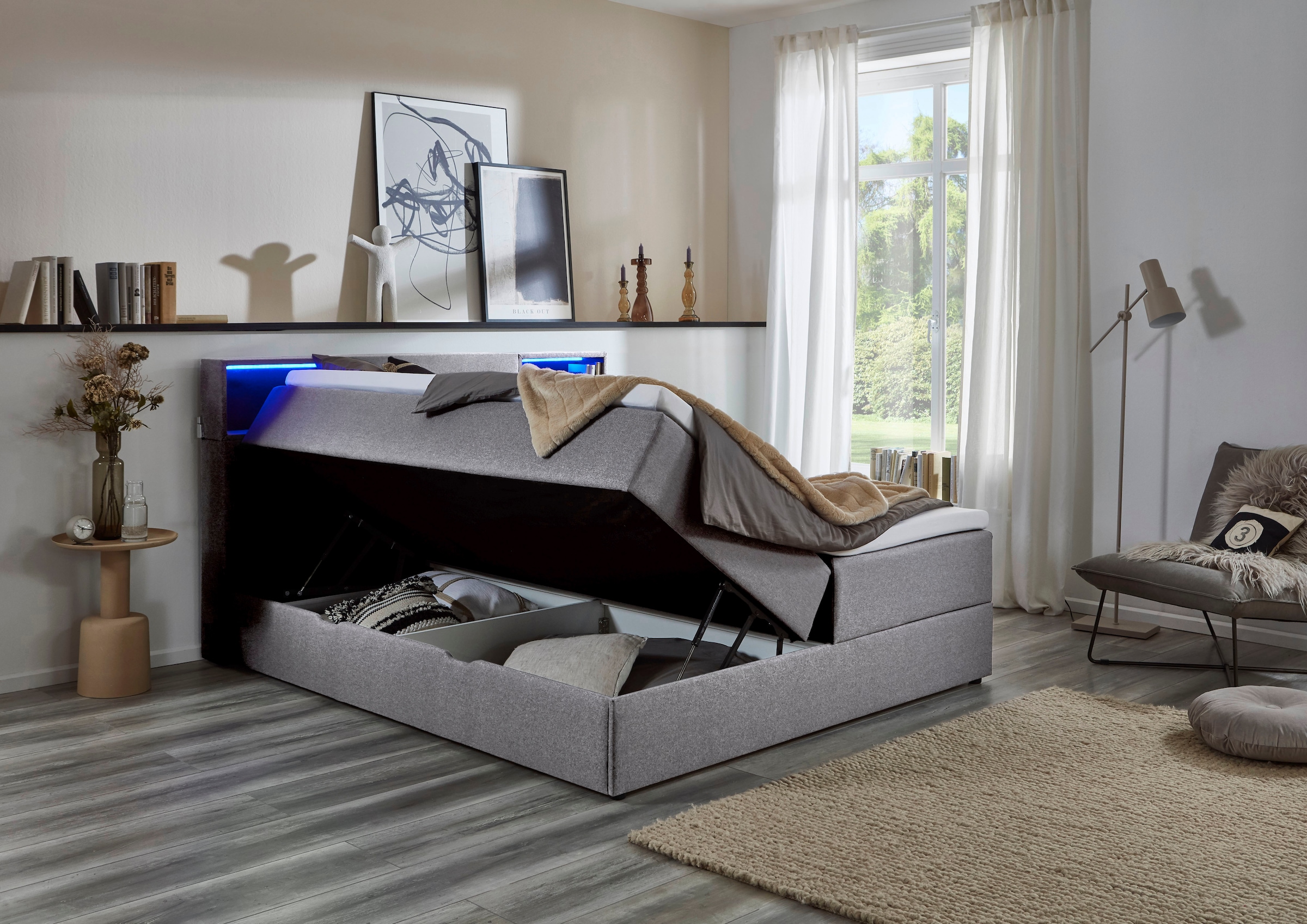 meise.möbel Boxspringbett »Caja mit Bettkasten und Topper«, mit LED ausgestattetes Ablagefach im Kopfteil