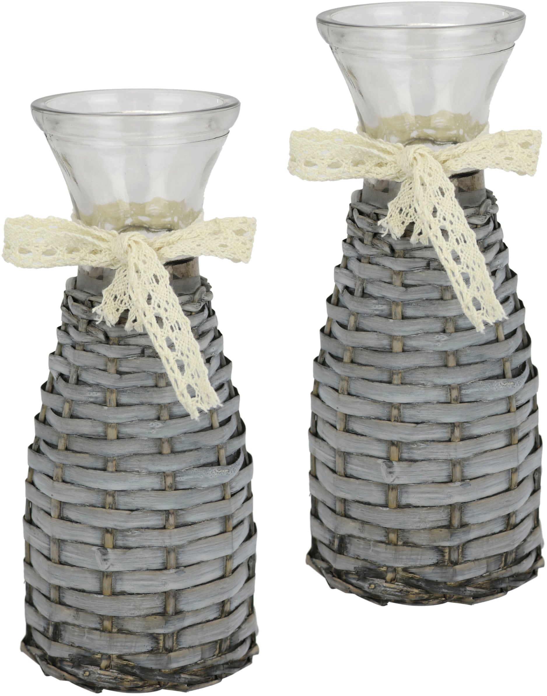 I.GE.A. Dekovase "Glasvase" 2er Set mit Weidekorb und Spitze Rattangeflecht Vintage Blumenvase