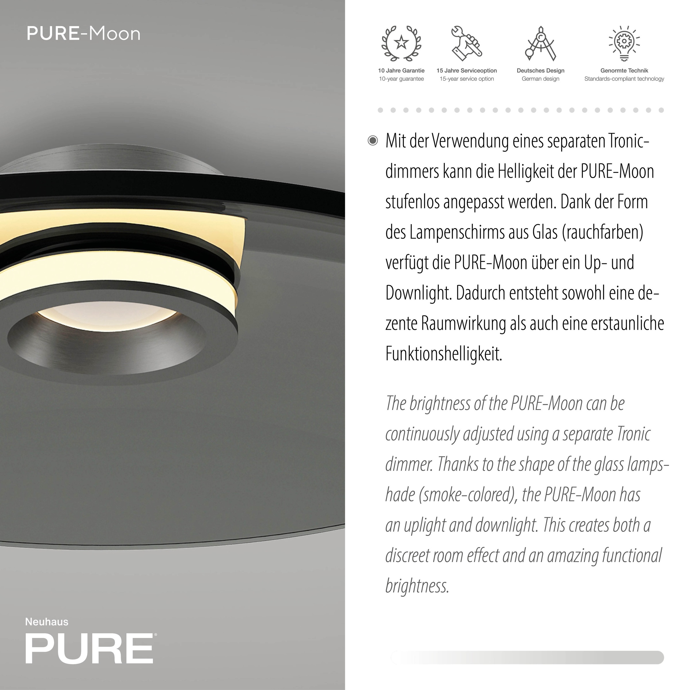 Neuhaus PURE LED Deckenleuchte »PURE Moon« LED-Board 1 Stk. Warmweiß Dimmfähig über separaten Tronicdimmer, Glas Rauchfarben