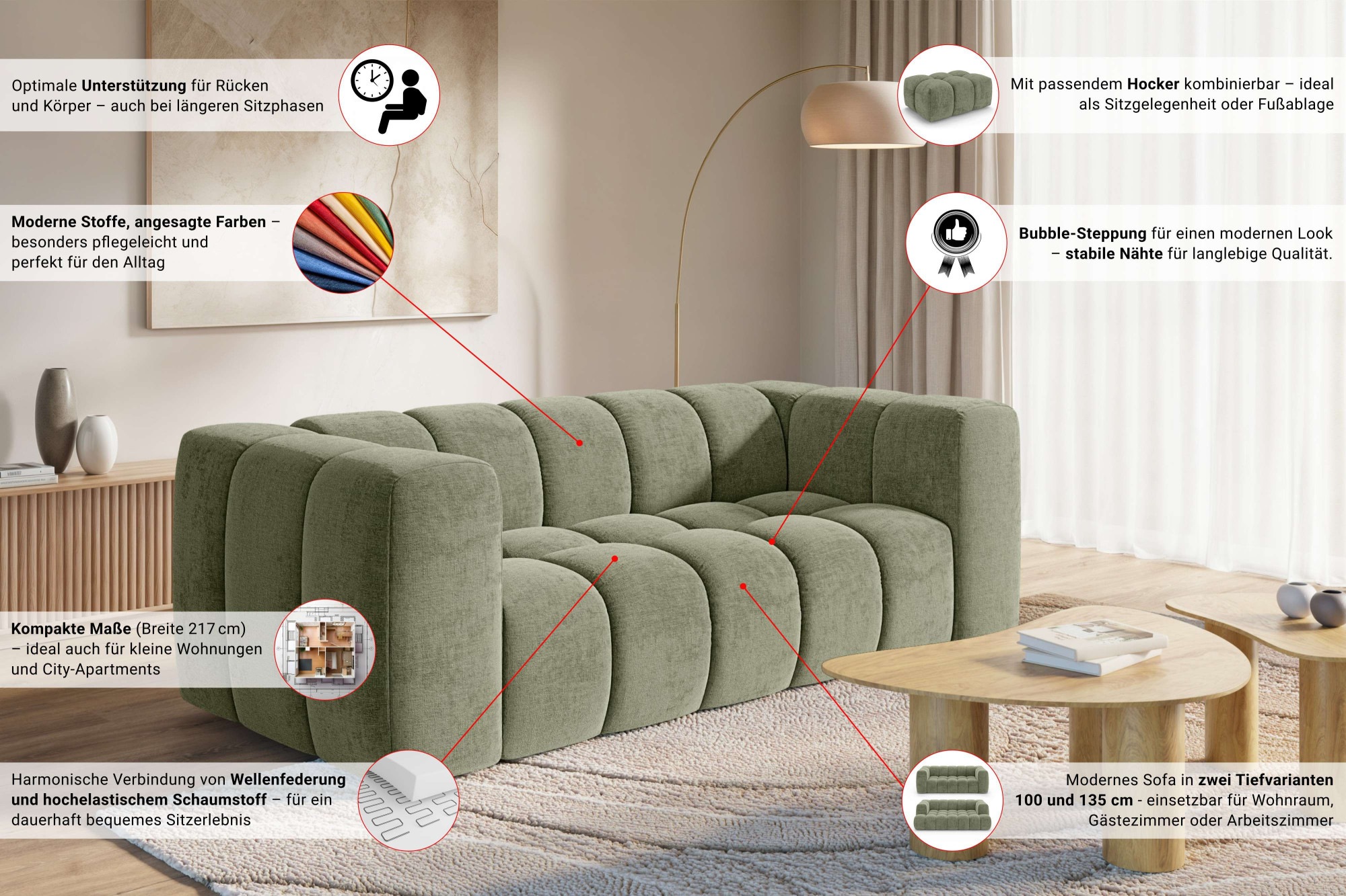 homsy by Ana Johnson 3-Sitzer »BOUBELLE Design-Sofa mit Steppung, Bubble-Optik, Breite 217 cm« hoher Sitzkomfort dank Wellenunterfederung, gemütlich und modern
