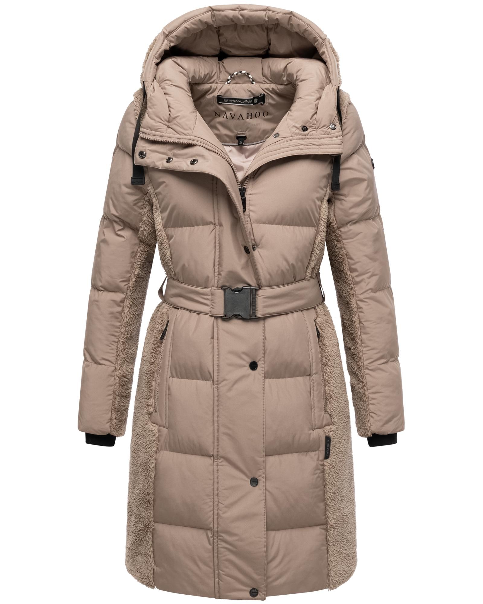 Navahoo Wintermantel »Funkelteddy 14«, warmer Mantel mit Teddyplüsch-Akzenten und Taillengürtel