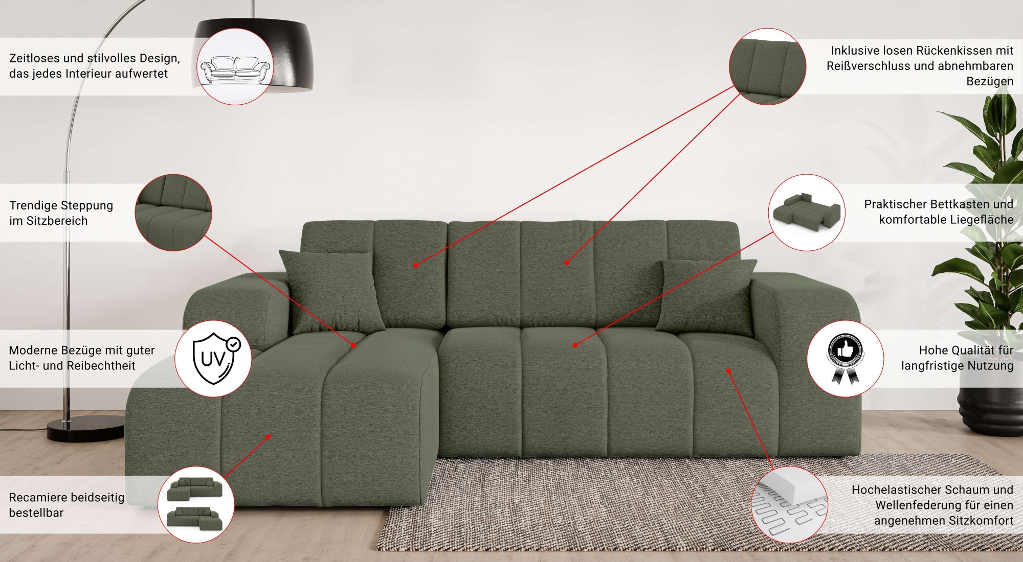 INOSIGN Ecksofa »CASSY L-Form, Schlafsofa mit Bettkasten, Maße B/T/H: 245/165/88 cm«, mit 2 Rückenkissen, Recamiere rechts oder links bestellbar