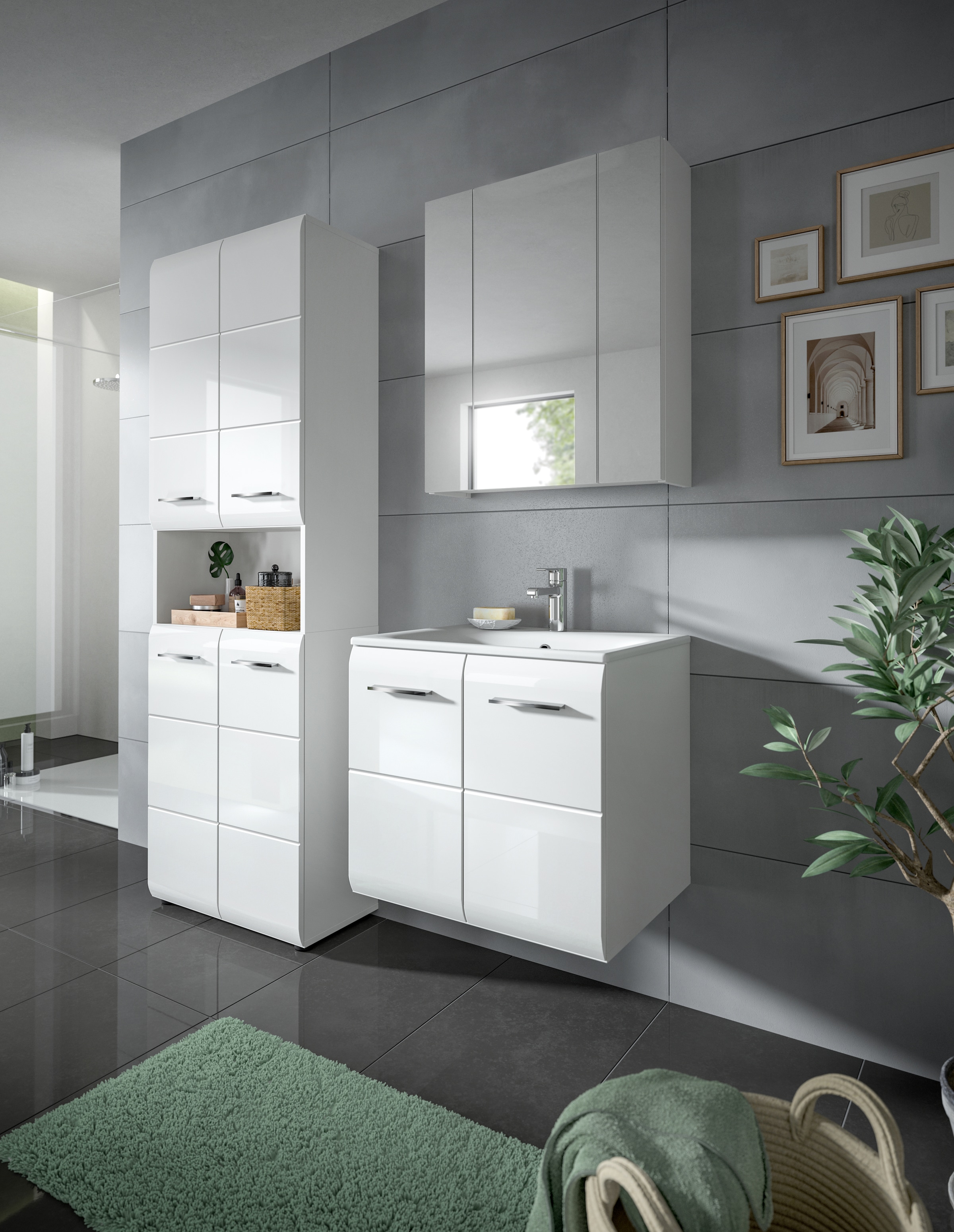 INOSIGN Badezimmer-Set, (Set, 4 St.), Florenz, Badkombination 4-tlg.,Weiß hochglanz, inkl. Waschbecken