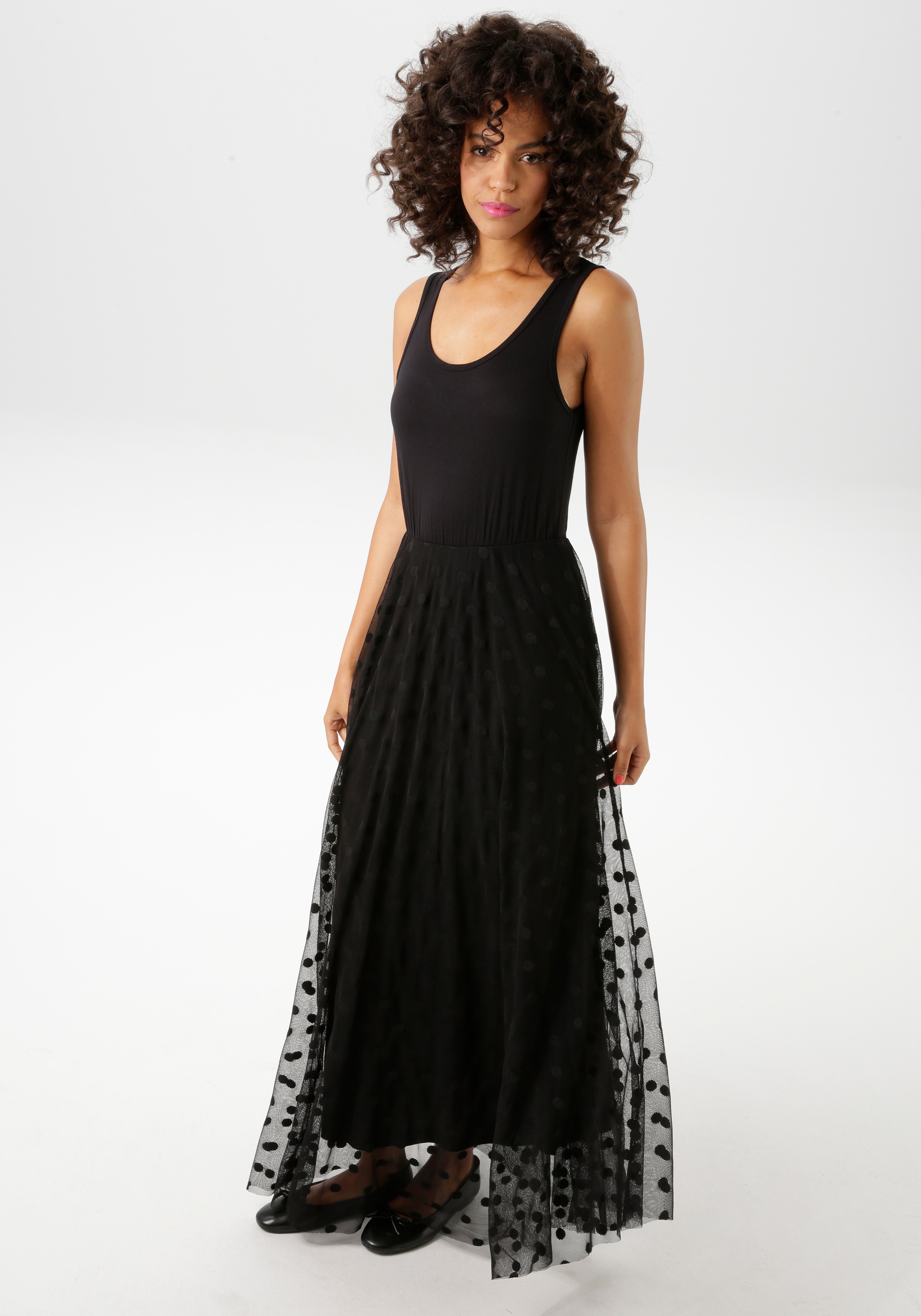 Aniston CASUAL Maxikleid, mit getupften Mesh verziertem Rockteil günstig online kaufen