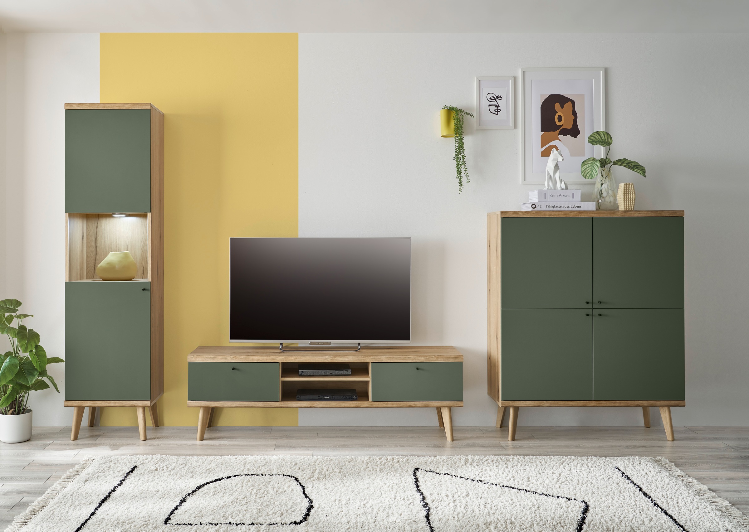 Wohnwand HOME AFFAIRE, B:337cm H:197cm T:40cm, braun, Wohnzimmer, Kastenmöbel-Sets, "MAVAS", in moderner Trendfarbe, Griffe aus Metall (Schwarz),