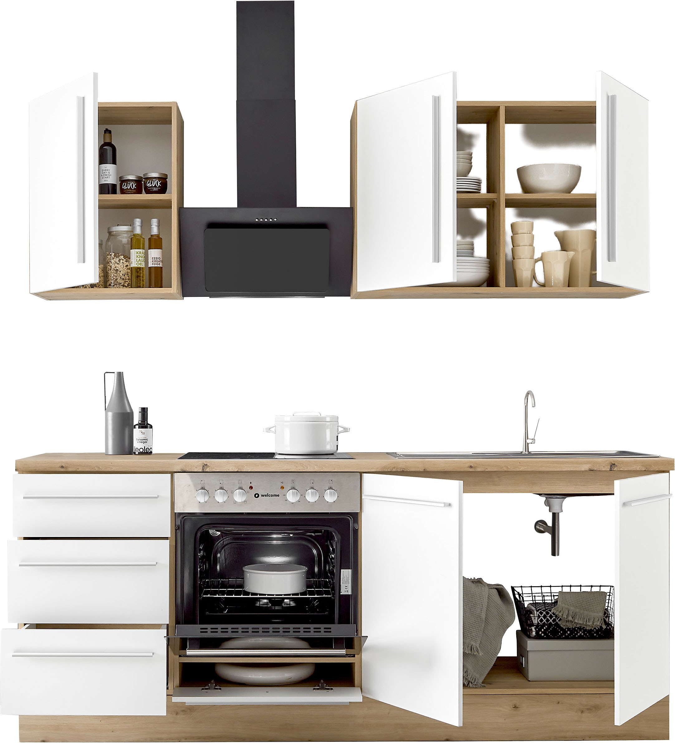 KOCHSTATION Küchenzeile »KS-Florida mit 38mm starker Arbeitsplatte« Breite 210 cm, wahlweise mit E-Geräten, Soft-Close-Funktion