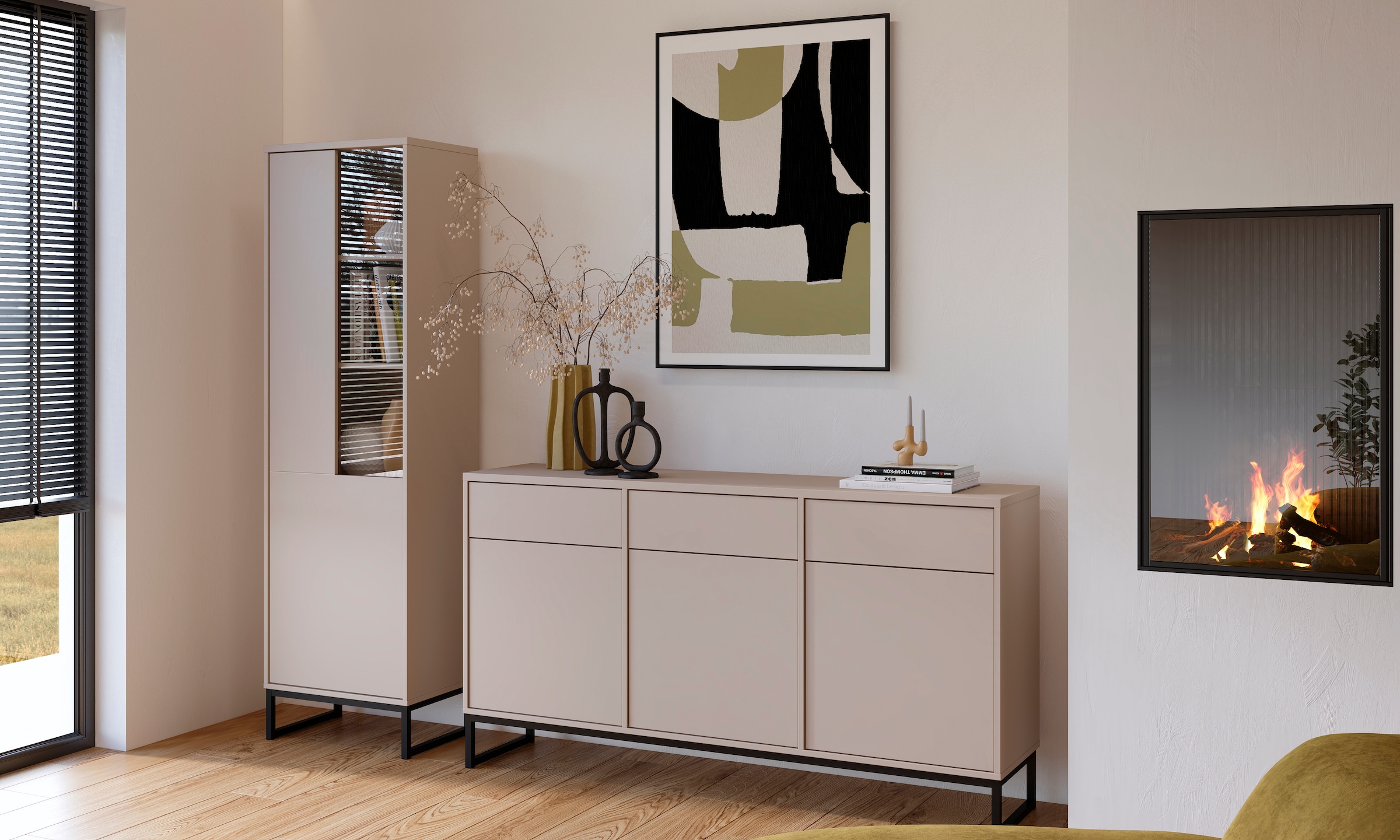 Home affaire Vitrine »Loft, Höhe 181 cm, moderne Standvitrine mit Glastür, Metallkufen« Hochschrank mit viel Stauraum, Glastür und verstellbaren Einlegeböden