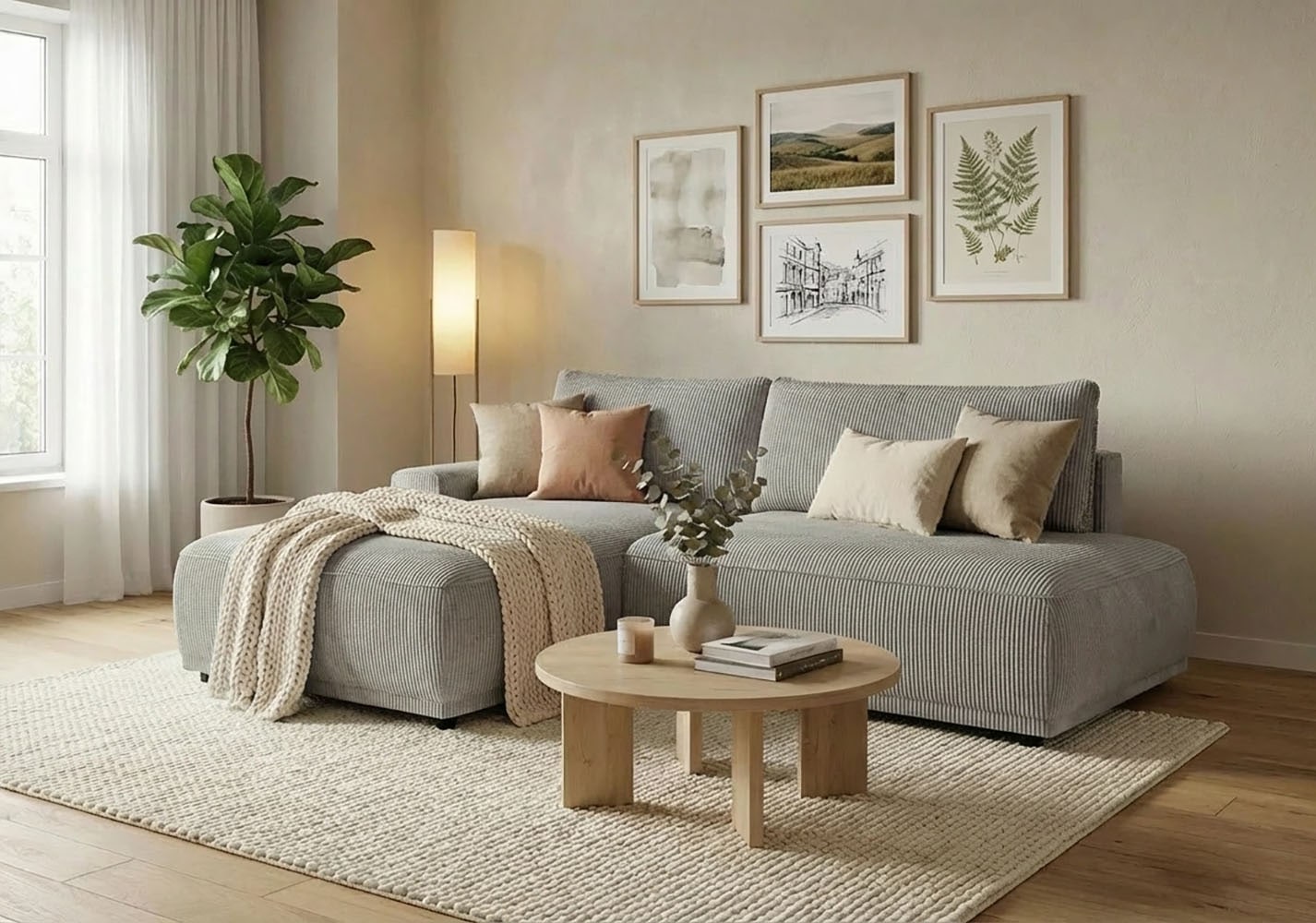 TRENDMANUFAKTUR Ecksofa "Fordon II, Schlafsofa mit Bettkasten, Couch in L-Form, Breite 250 cm" in Cordstoff HYPER, betongrau, Armlehne links