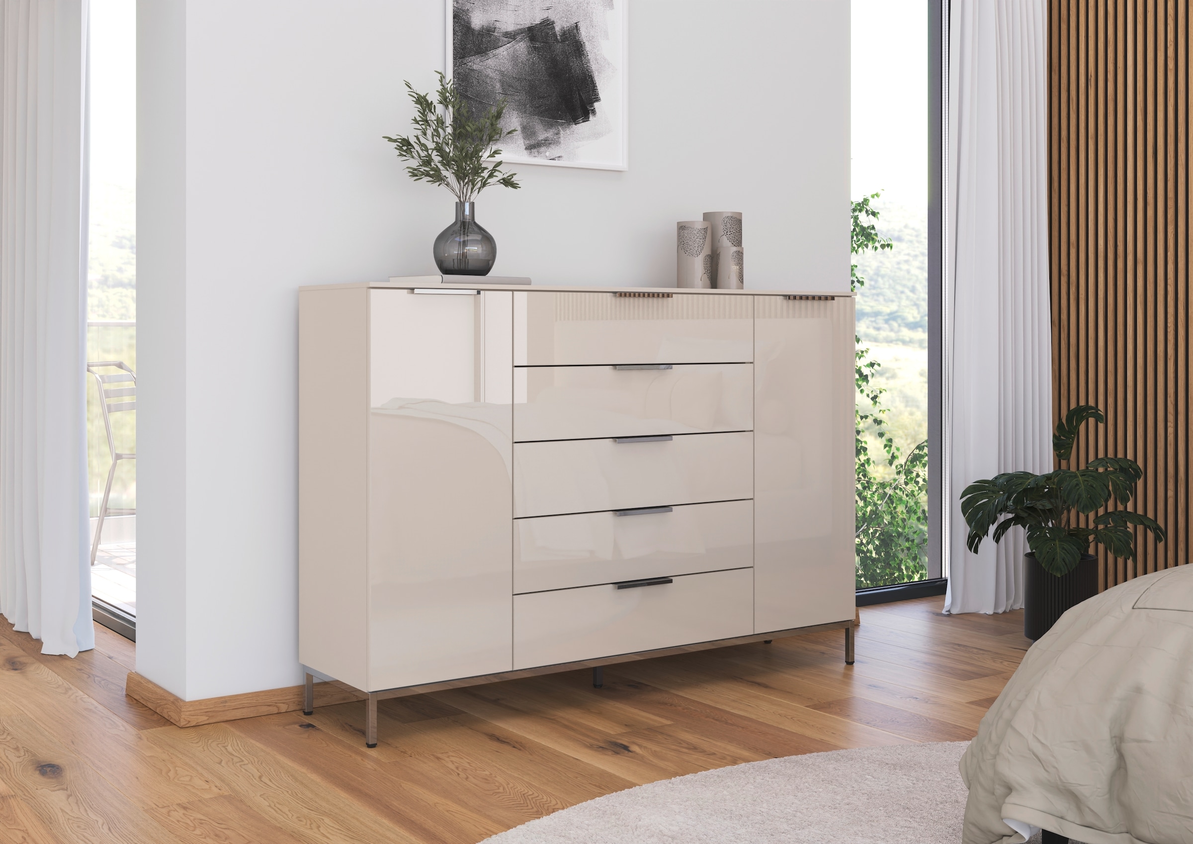 rauch Schubkastenkommode »Kommode Türkommode Sideboard Kombikommode FLIPP mit Glasfront«, (Breite 160/180 cm mit 4 Einlegeböden), 2-trg mit 5 Schubladen und Soft-Close-Funktion, Glasfront, 2 Breiten