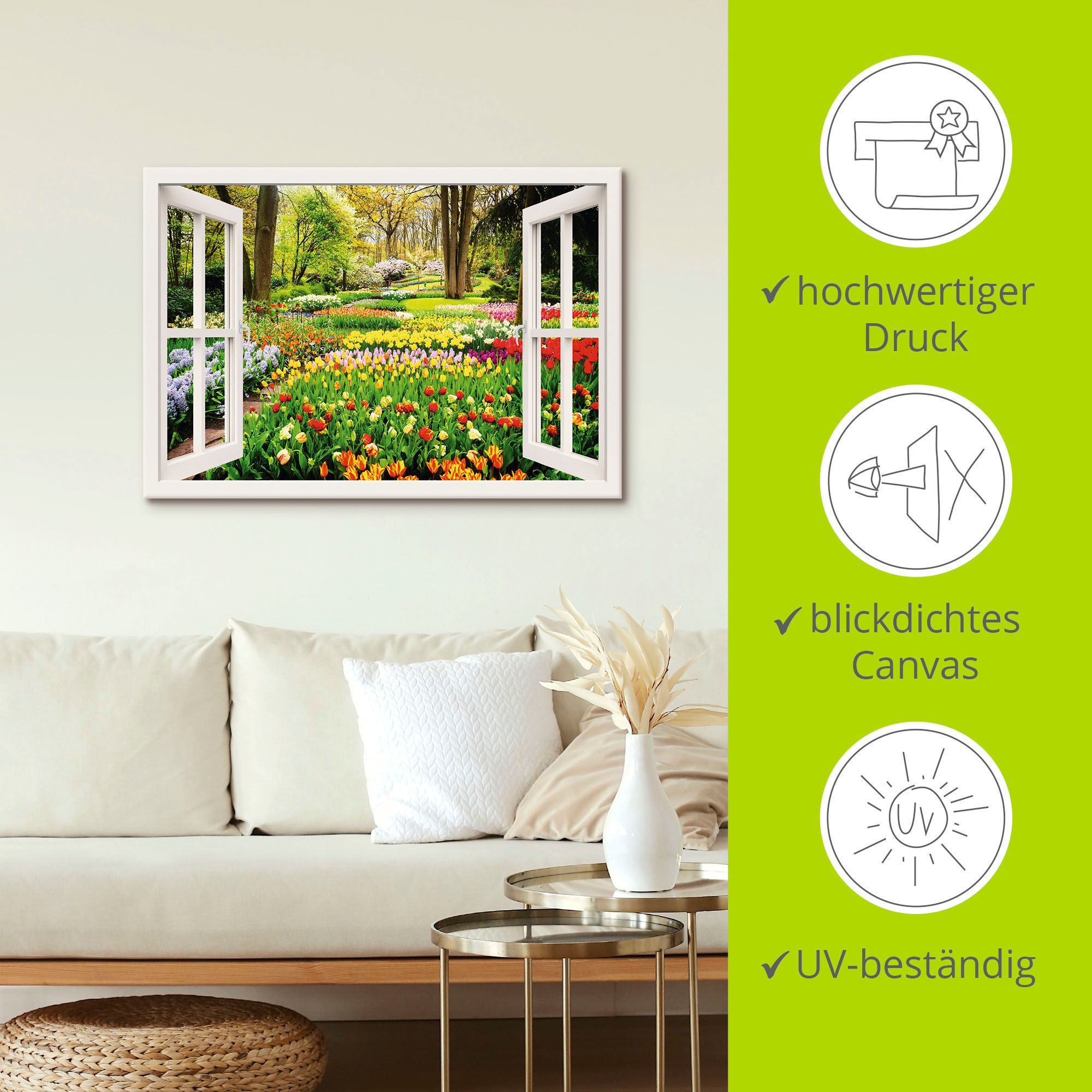 Artland Wandbild »Fensterblick Tulpen Garten Frühling«, Fensterblick, (1 St.), als Alubild, Outdoorbild, Leinwandbild, Poster, Wandaufkleber