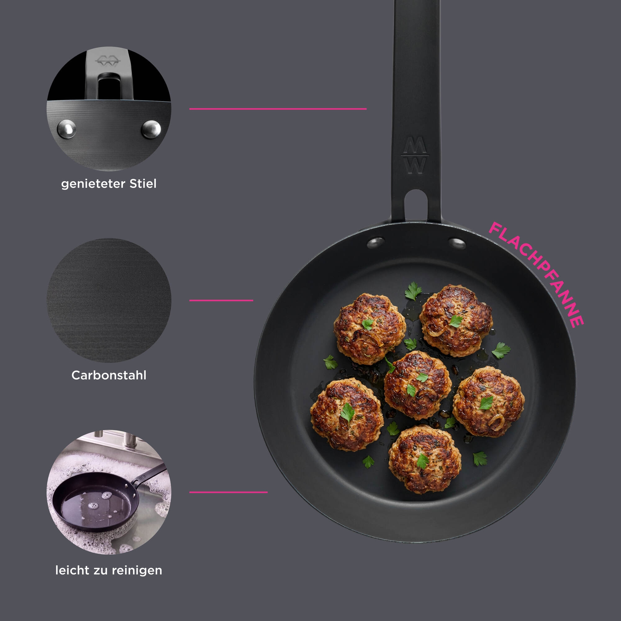 WOLL Bratpfanne »MÄLZERxWOLL Carbonstahl Bratpfanne Ø20-28cm, vorgebrannt, Induktion« Karbon-Stahl 1 tlg. Genieterer Stiel, Ofenfest, Spülmaschinengeeignet, 4-5cm hoch