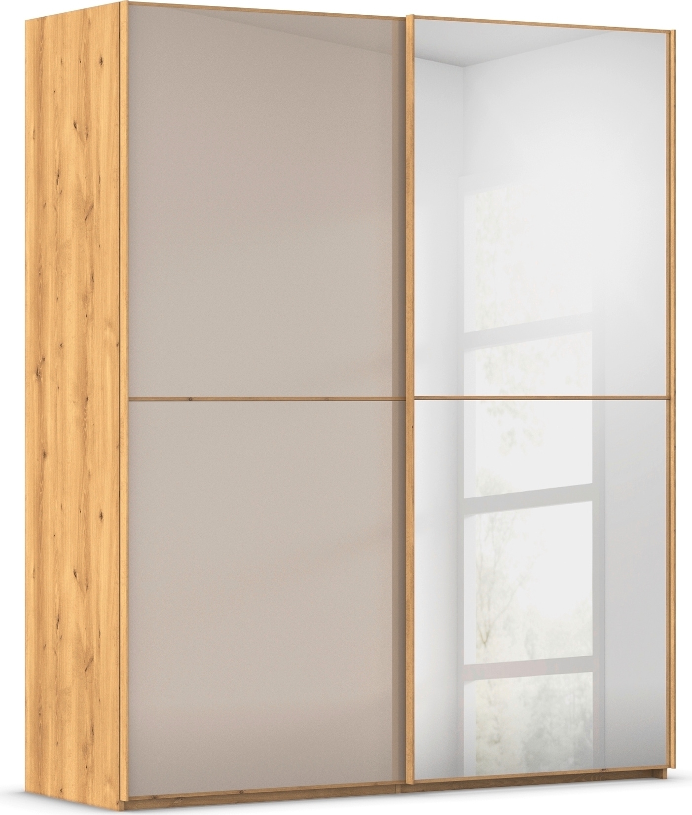 rauch Schwebetürenschrank "Kleiderschrank Schrank Garderobe Schlafzimmerschrank SCALE-DUO" edle zweigeteilte Türen Spiegel/Glas-Mix 3 Zierleisten MADE IN GERMANY