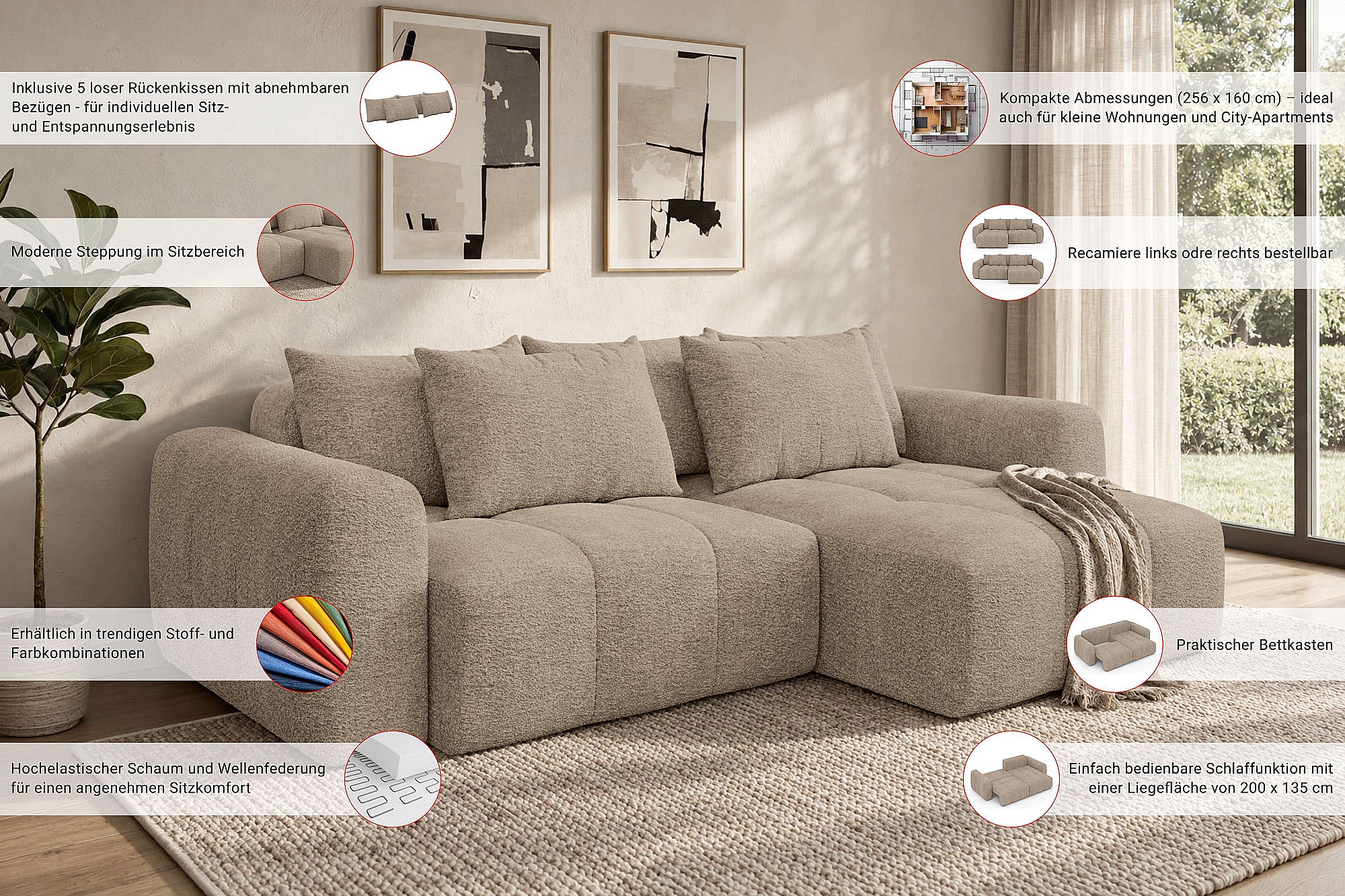 OTTO home Ecksofa »AVVELLA Schlafsofa, Bettkasten, komfortables Sitzgefühl, Breite 256cm« Liegefläche 135x200cm, Bettkasten, mit Rückenkissen, moderne Steppung