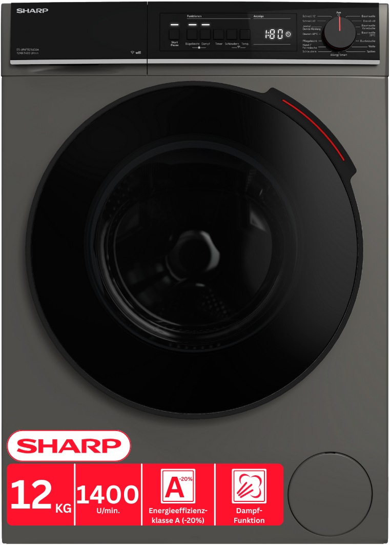 Sharp Waschmaschine »ES-WNFB214CAA-DE« 12 kg 1400 U/min 12kg / +WIFI / A-20% / black Doorring+knob / Steam / Espresso Grey