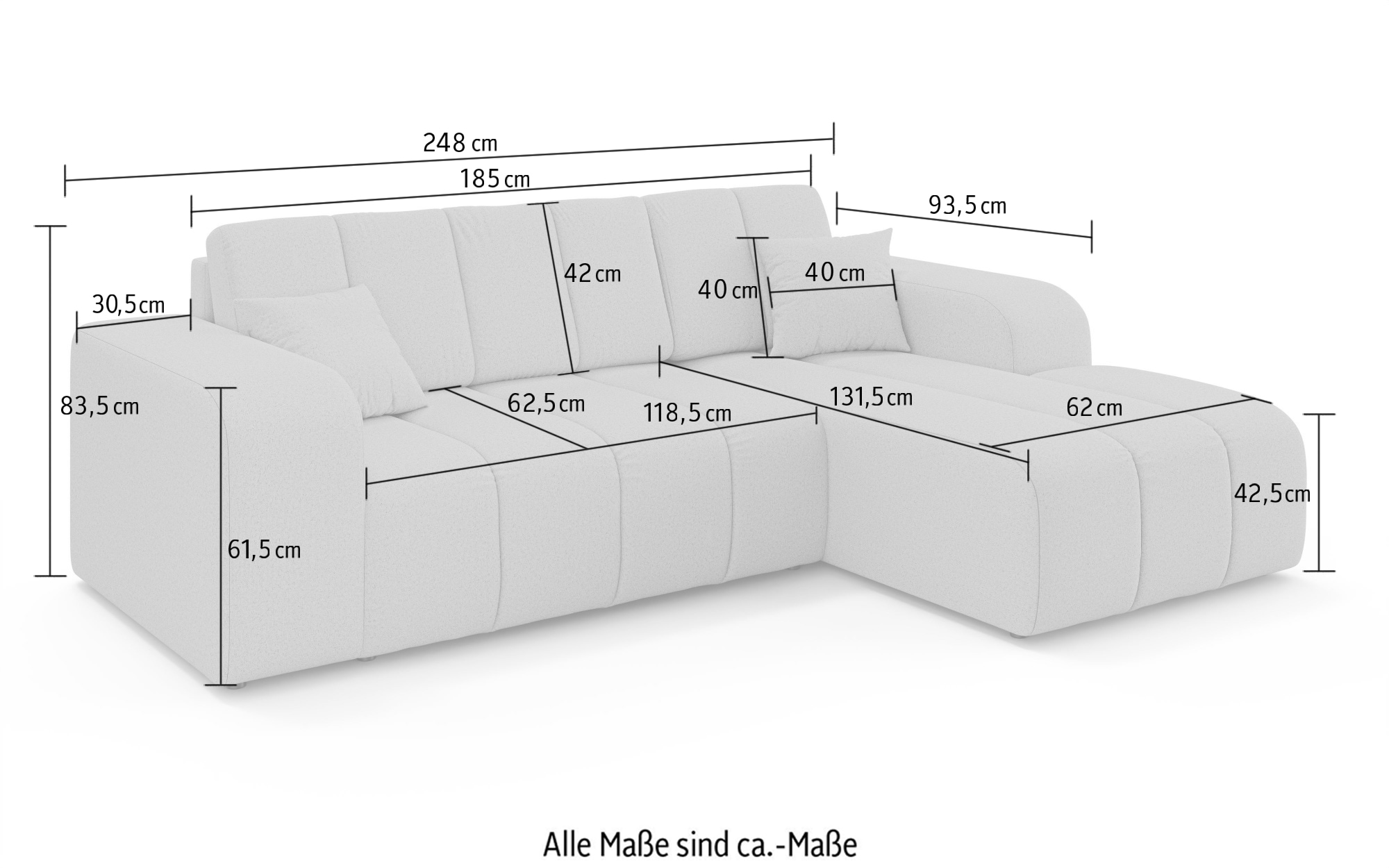 INOSIGN Ecksofa »CASSY L-Form, Schlafsofa mit Bettkasten, Maße B/T/H: 245/165/88 cm«, mit 2 Rückenkissen, Recamiere rechts oder links bestellbar