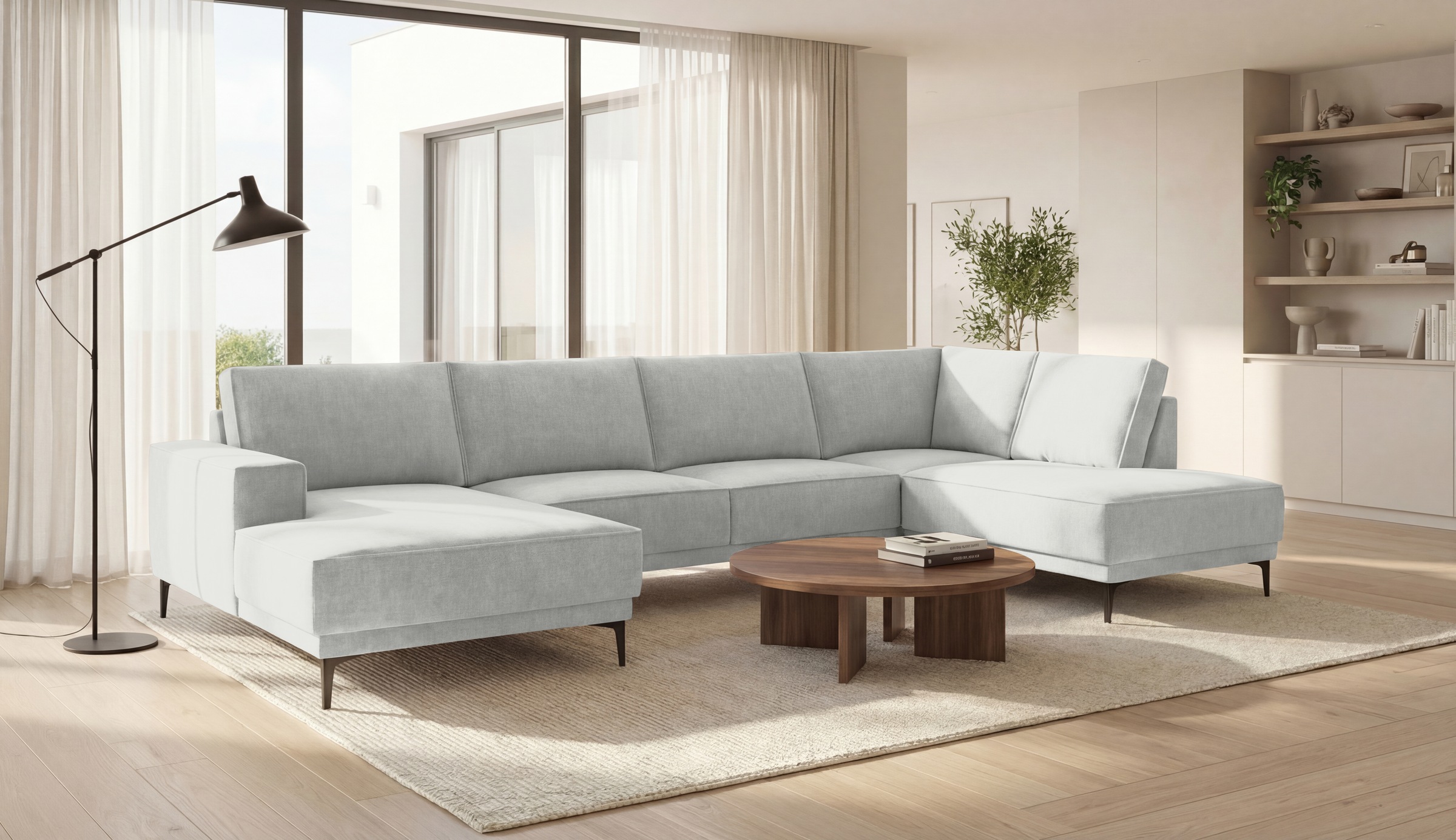 OTTO home Wohnlandschaft "OLAND Bouclé U-Form, XXL, B: 345 cm, Skandi-Design" U-Form, 345 cm, Wellenunterfederung, Skandi-Design, Metallfüße