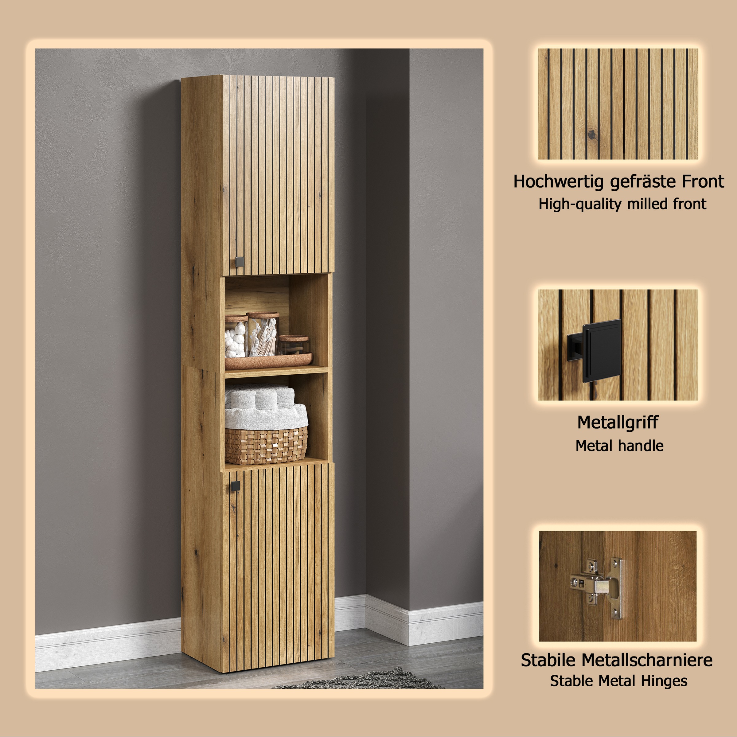 welltime Hochschrank »Amrum«, (1 St.), Badezimmerschrank mit und ohne Schublade - (B/T/H) 40-70/31/186 cm